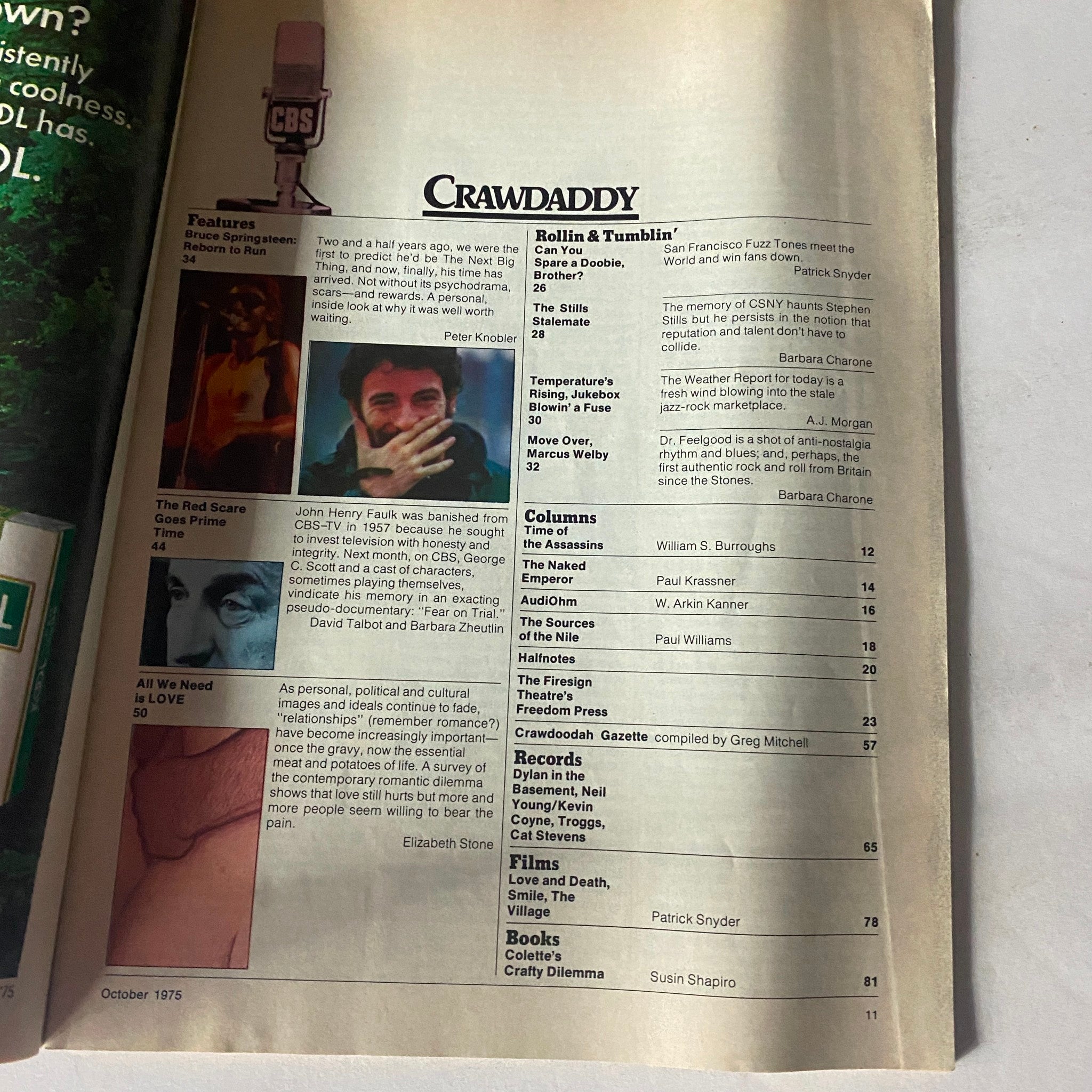 Crawdaddy Magazine October 1975 featuring Bruce Springsteen, showcasing the contents page with articles and features relevant to music and culture.