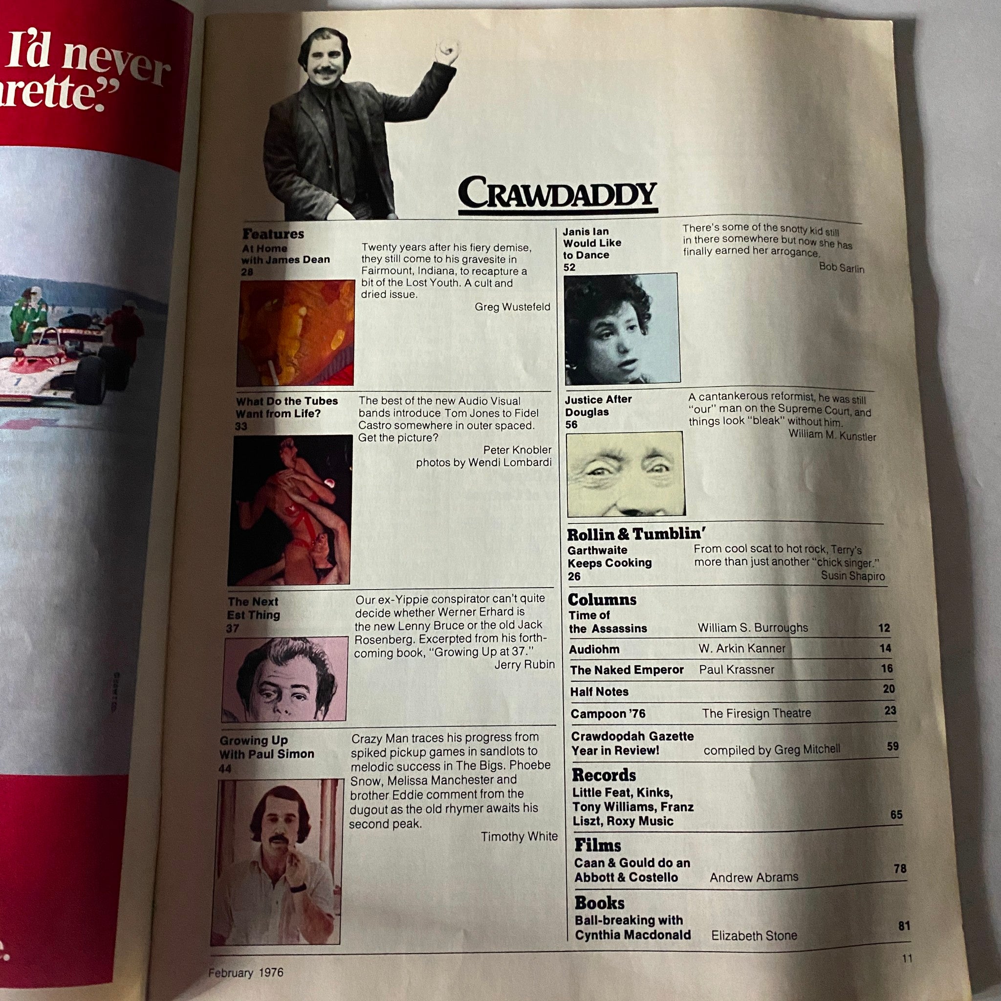 Inside page of VTG Crawdaddy Magazine February 1976 displaying the table of contents, including features about Paul Simon, Janis Ian, and articles relevant to the 1970s music landscape.