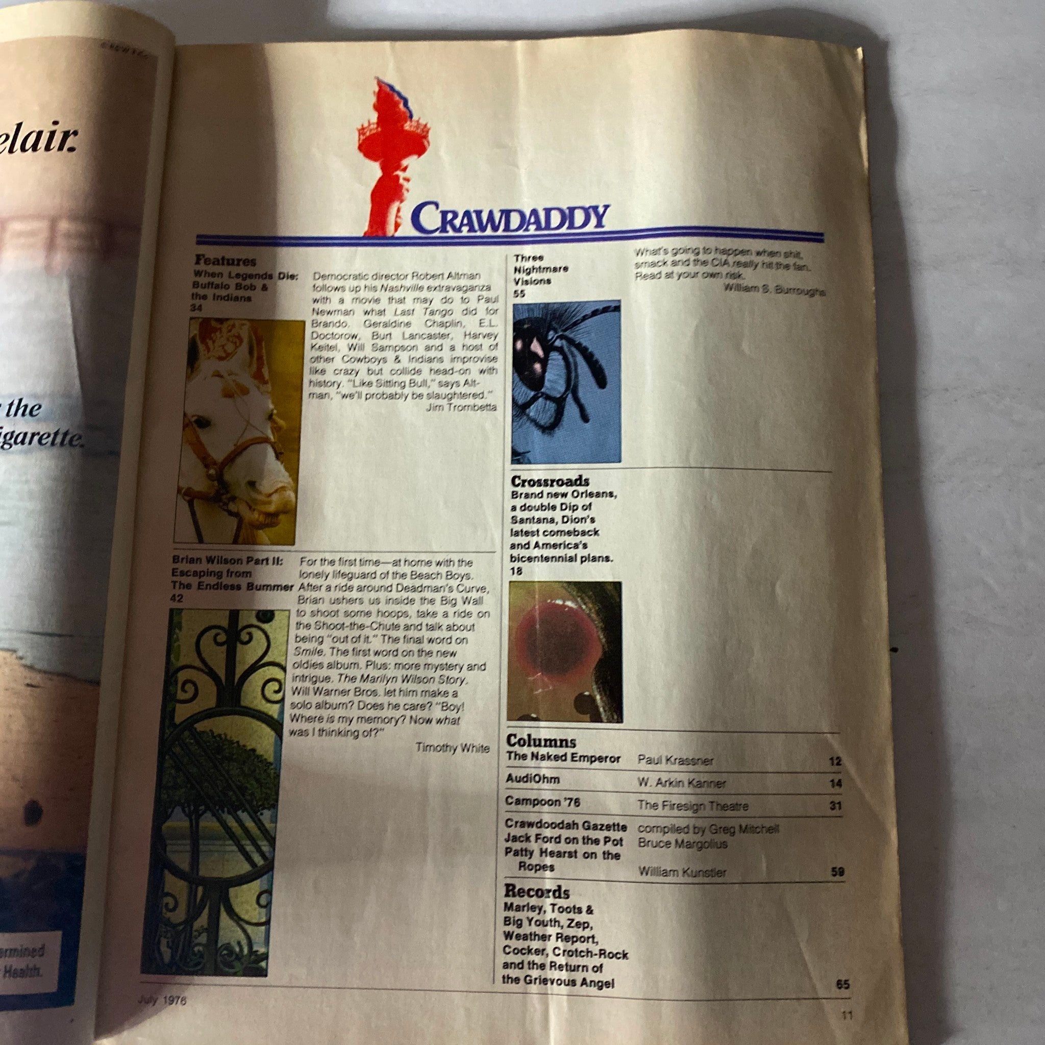 Interior page of Crawdaddy Magazine July 1976 showing the table of contents, detailing features and articles including Brian Wilson and Robert Altman's works.