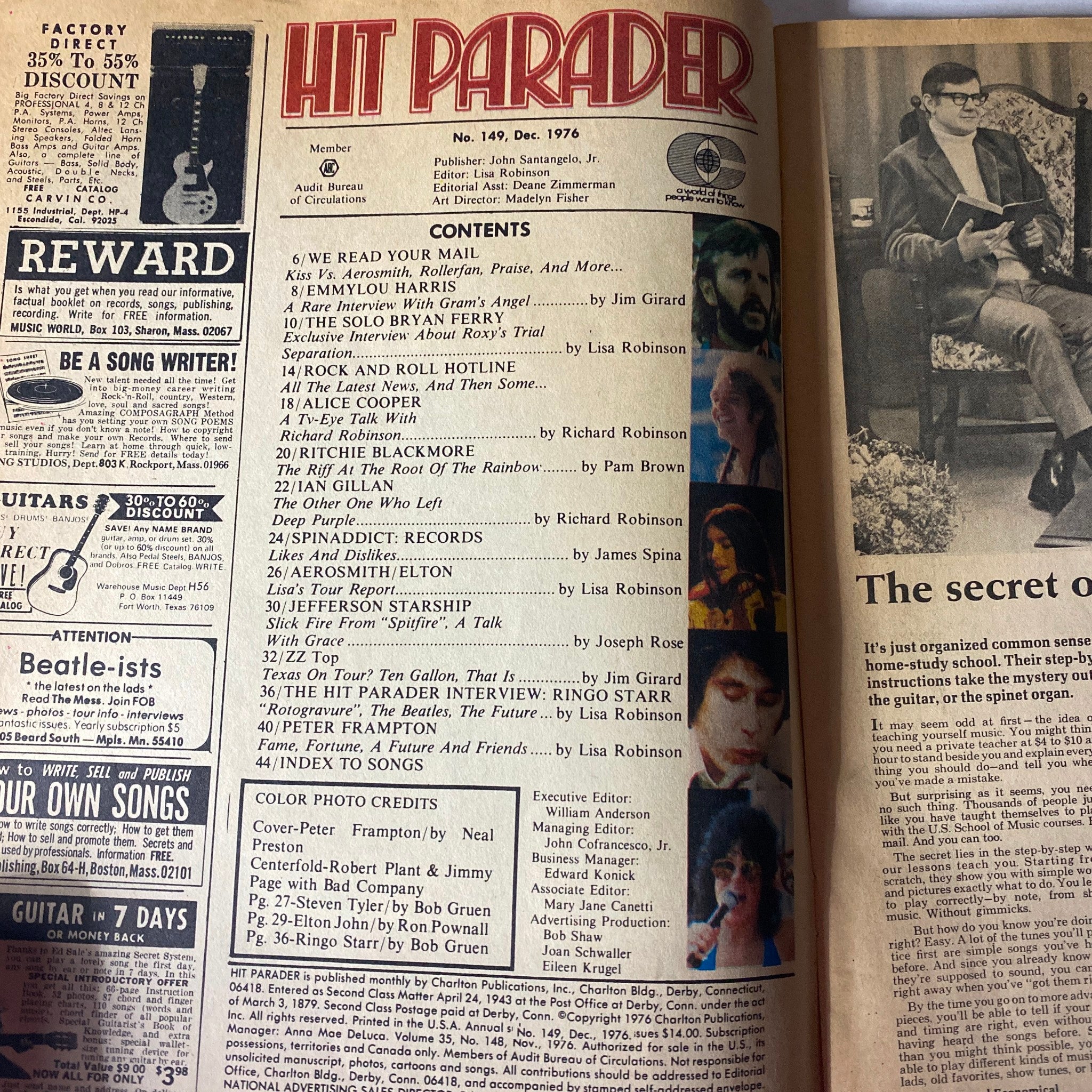 VTG Hit Parader Magazine December 1976 featuring Peter Frampton, showcasing magazine contents and highlights, including interviews and articles on rock music.