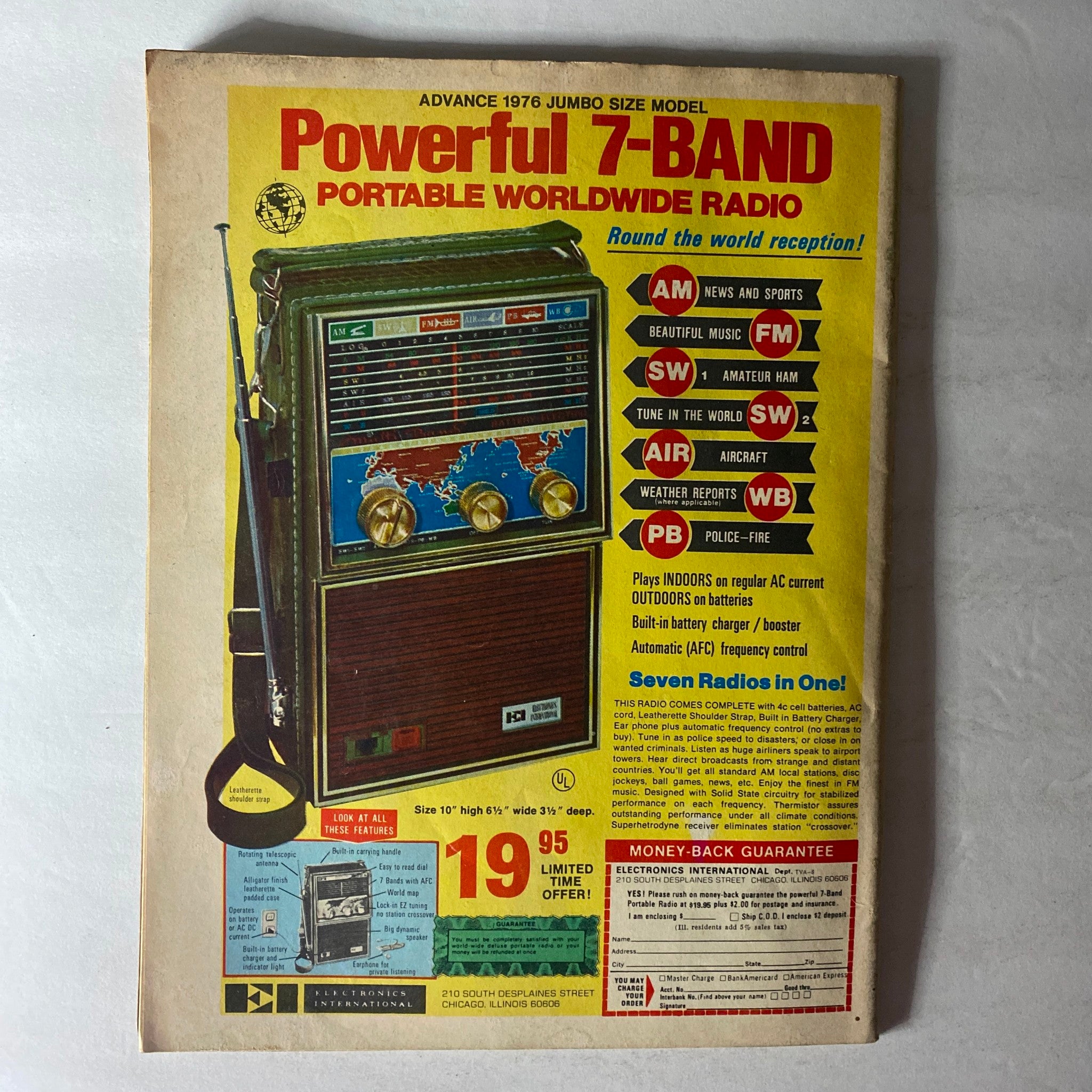 Vintage advertisement for a Powerful 7-Band Portable Worldwide Radio from 1976, illustrating the radio's features and price, part of a promotional offer.