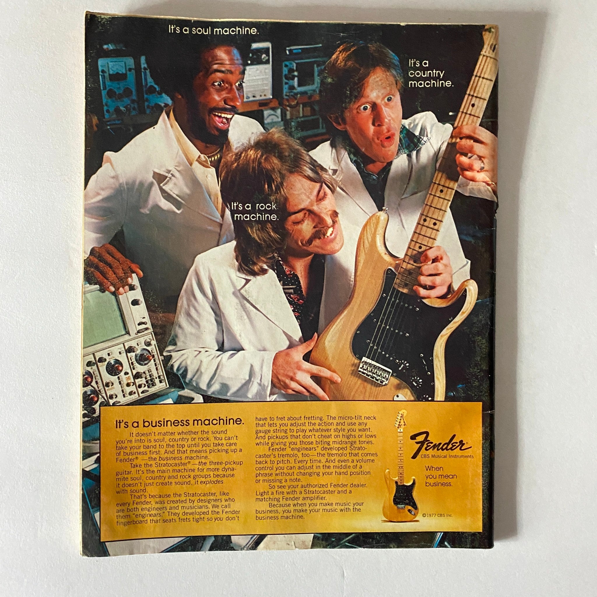 VTG Guitar Player Magazine March 1978 featuring Rory Gallagher, showcasing three musicians in white suits with a Fender guitar, emphasizing the versatility of music genres such as soul, rock, and country.