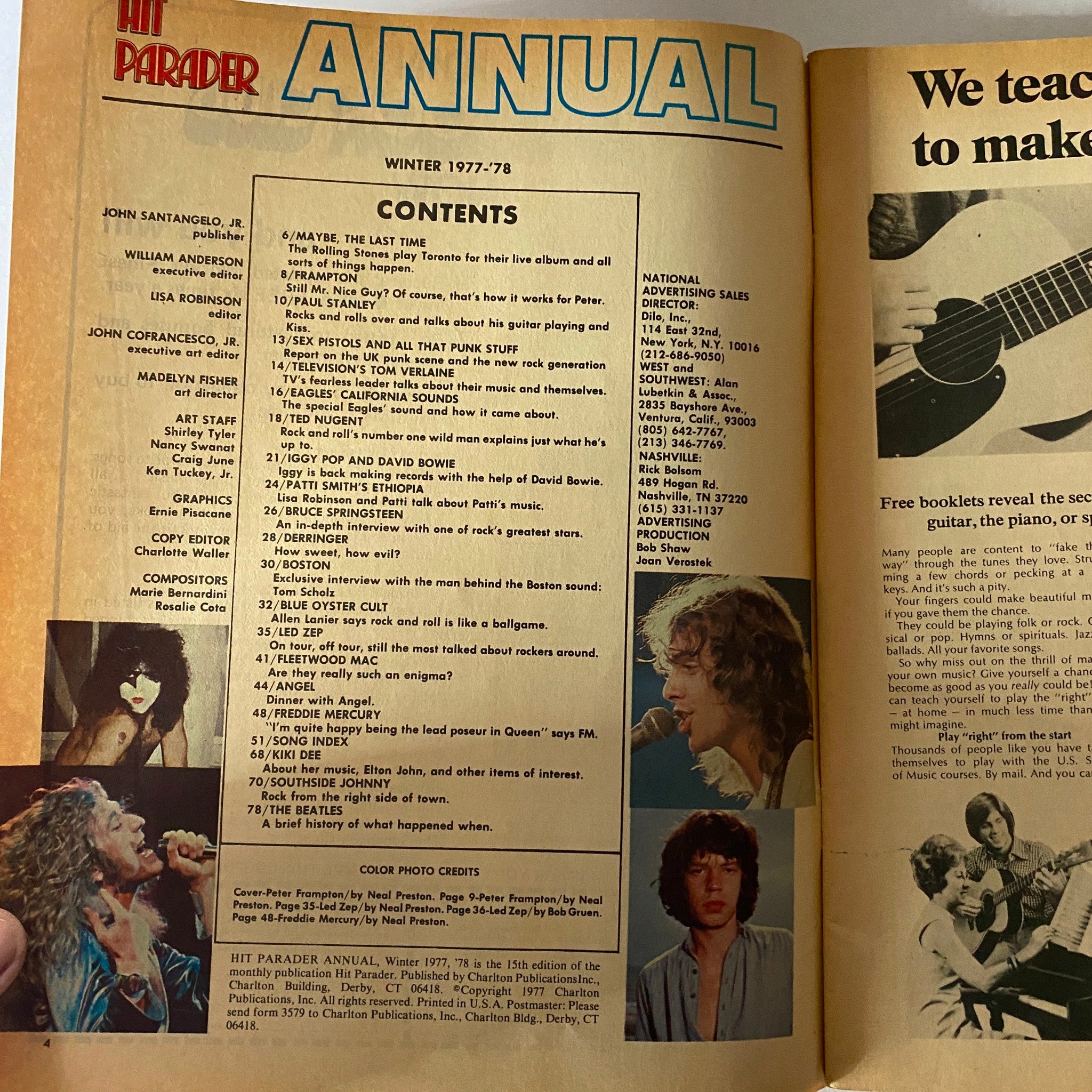 Table of contents page of the VTG Hit Parader Magazine Winter 1977-1978 Annual, listing articles on notable musicians and rock bands from the late 70s.