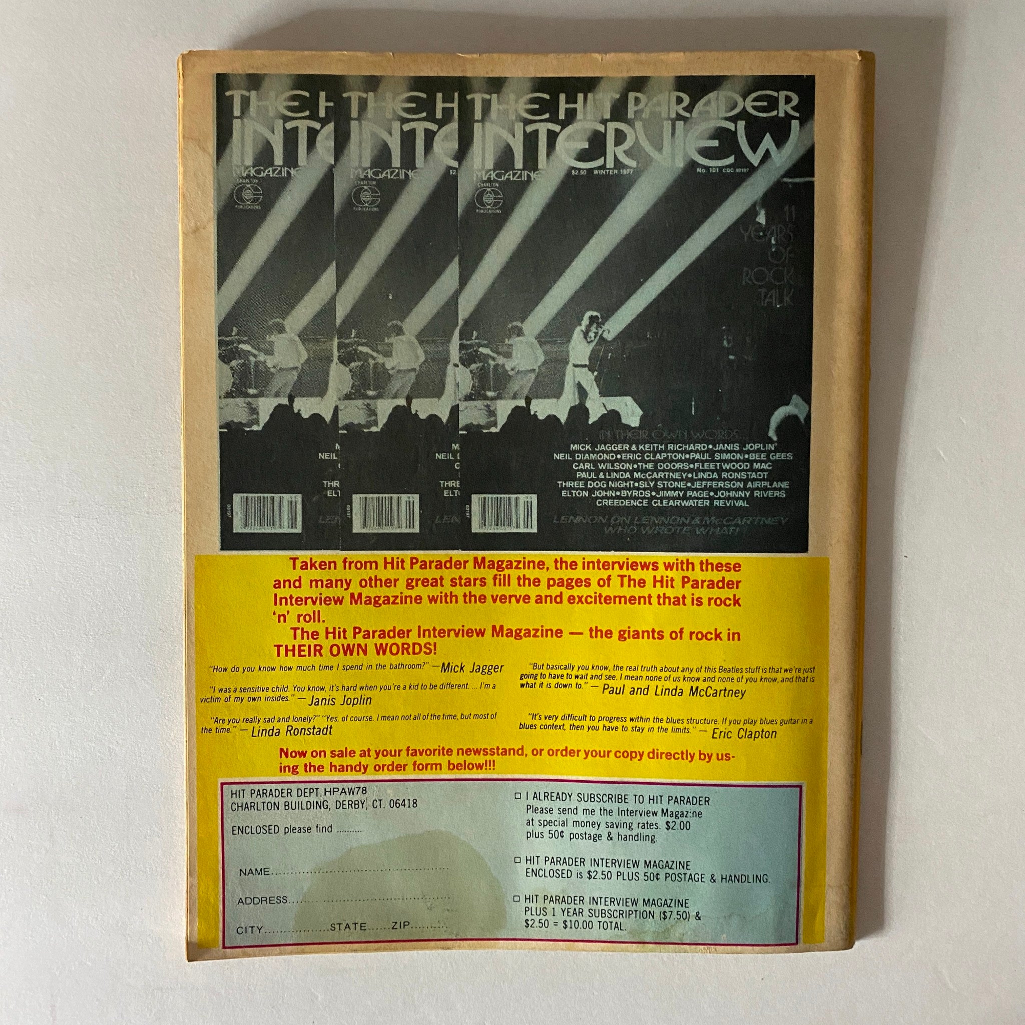 Back cover of the VTG Hit Parader Magazine Winter 1977-1978 Annual, featuring an advertisement for the Hit Parader Interview Magazine and notable rock legends.