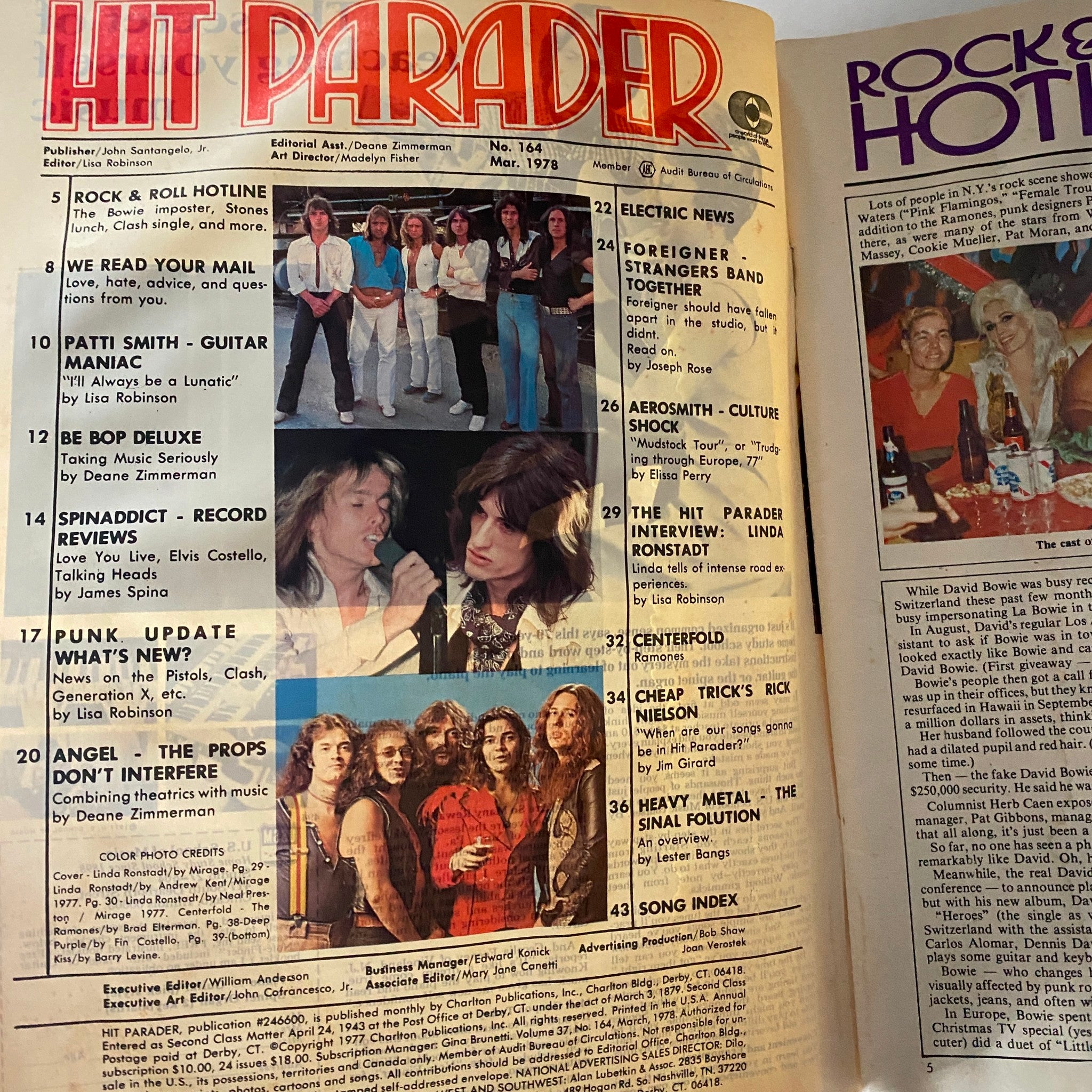 Hit Parader Magazine March 1978 cover page highlighting Linda Ronstadt interview and articles about popular rock bands and artists of the era.