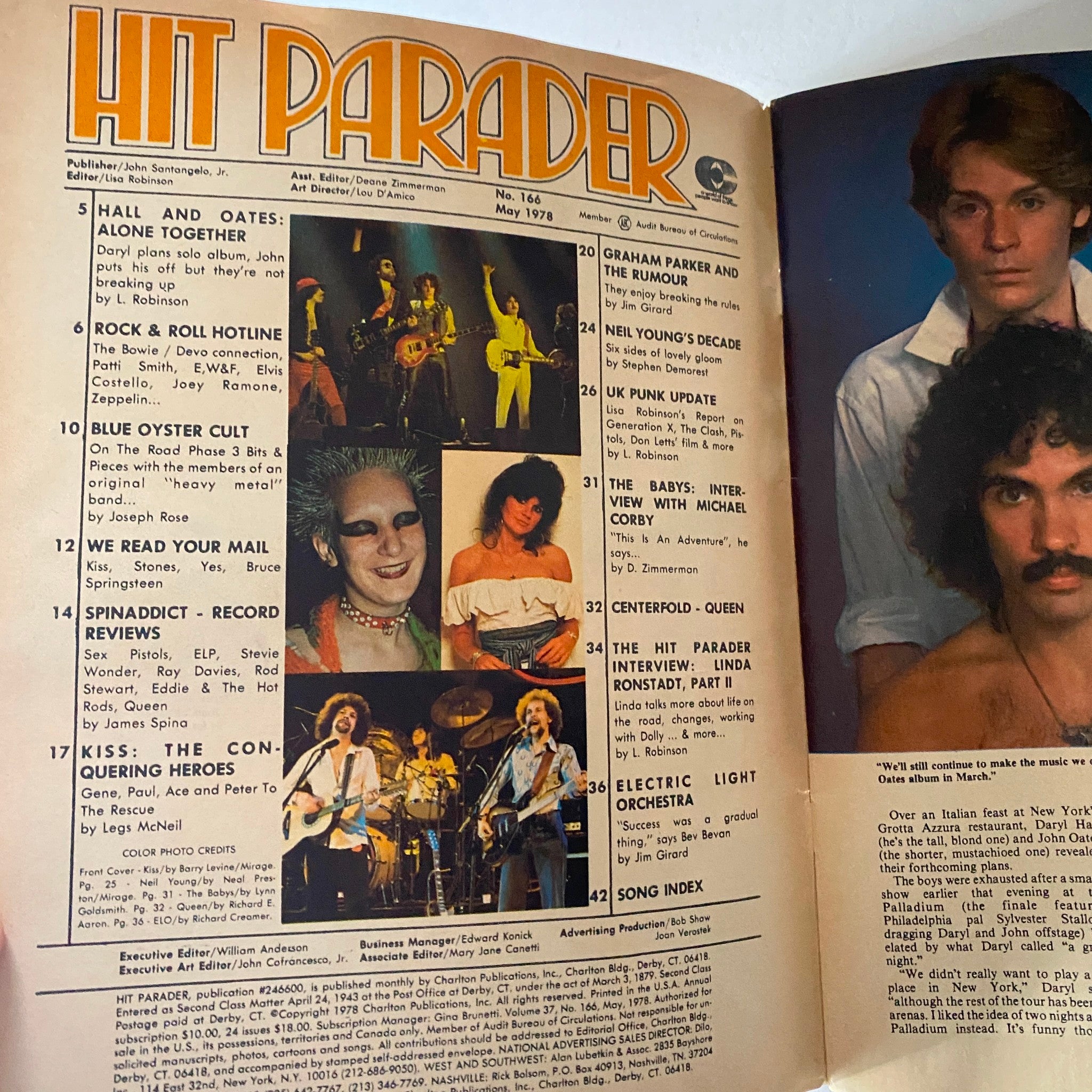 Inside page of VTG Hit Parader Magazine May 1978 showing articles including Hall and Oates, Blue Oyster Cult, and a feature on the band Kiss.