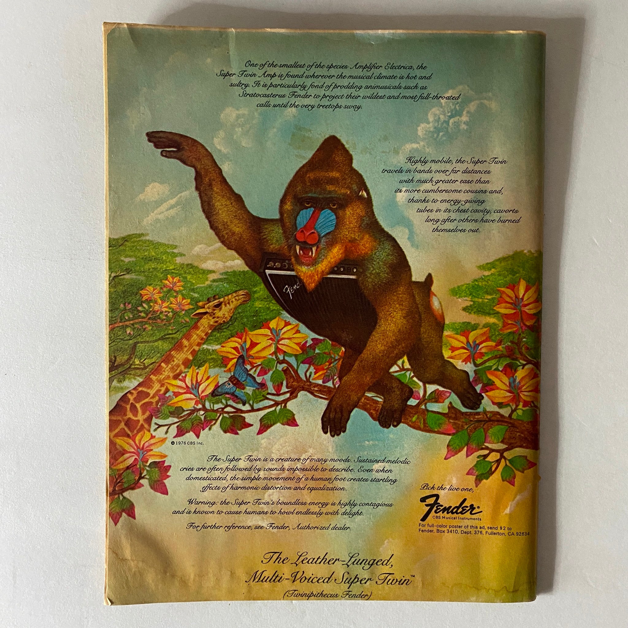 VTG Hit Parader Magazine December 1977 featuring Nick Jagger with a poster, depicting an artistic vintage advertisement with a colorful illustration of a baboon and giraffe.