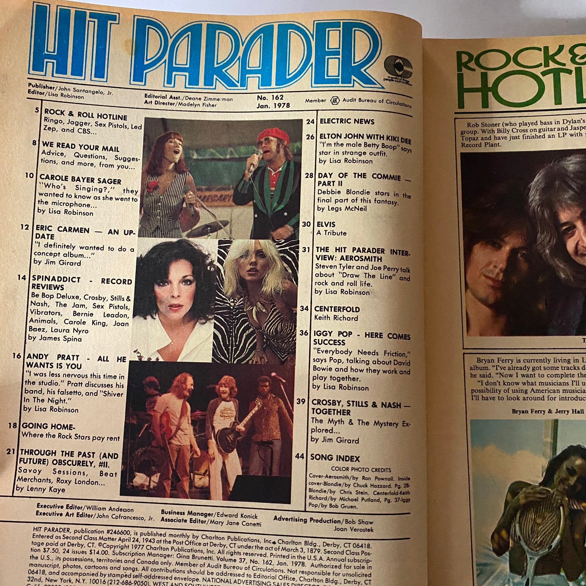 Inside page of Hit Parader Magazine January 1978 showcasing articles featuring celebrities like Debbie Harry, Iggy Pop, and musicians, with Steven Tyler's interview mentioned.