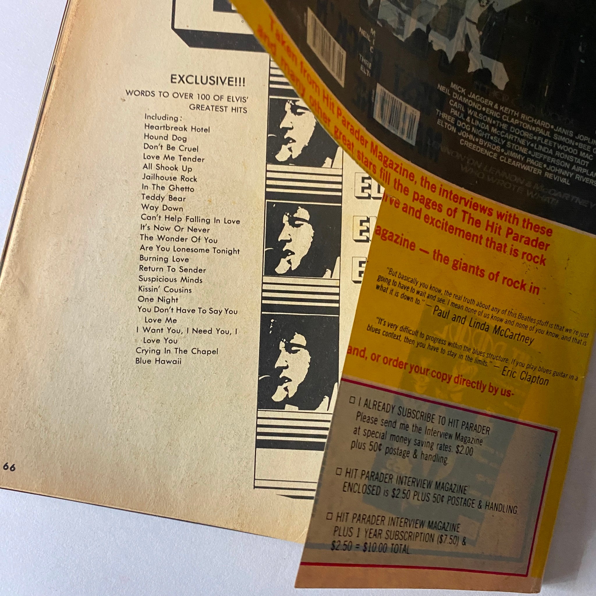 Hit Parader Magazine January 1978 displaying an exclusive section with lyrics to Elvis Presley’s greatest hits and additional features.