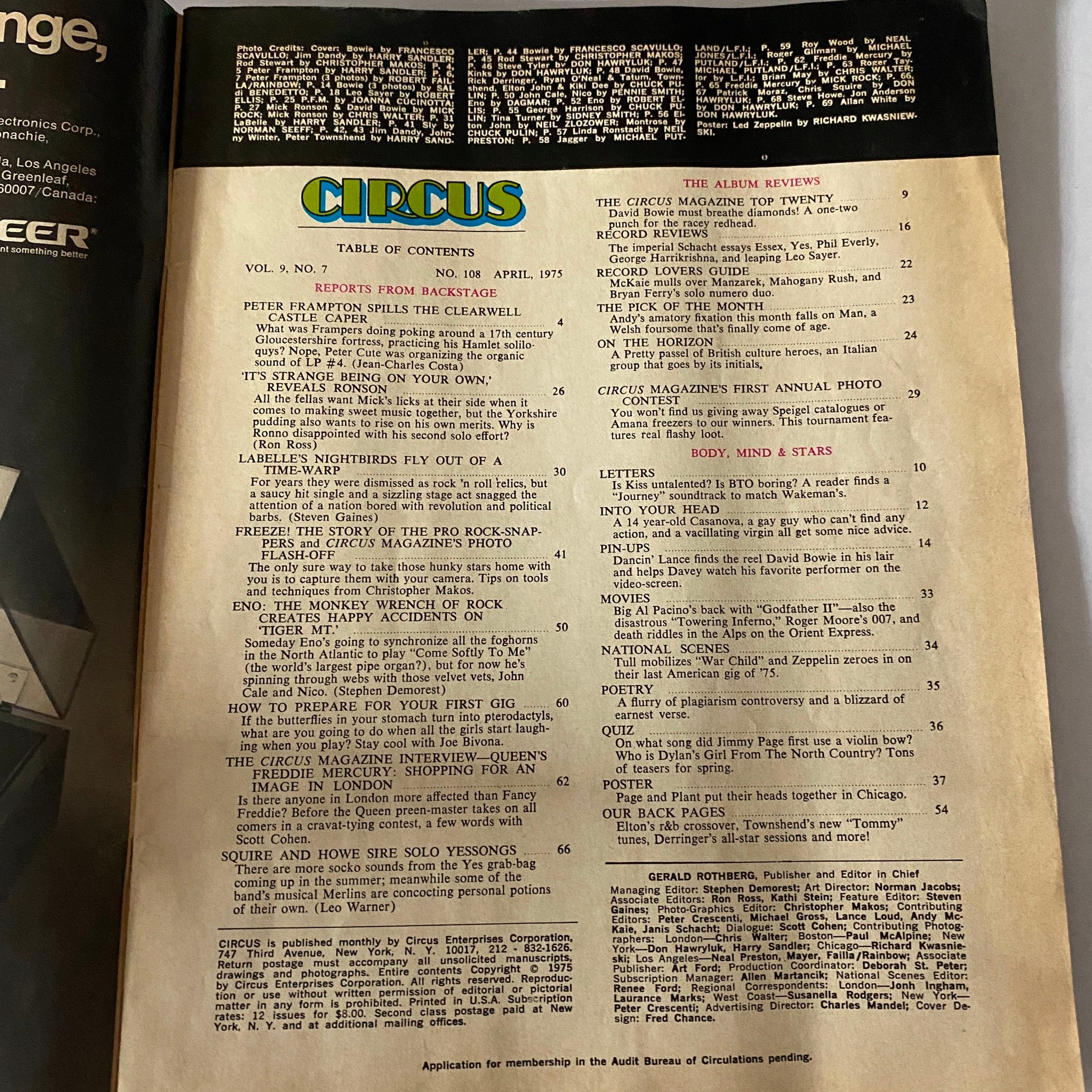 VTG Circus Magazine April 1975 Table of Contents showcasing articles and photo contest details.