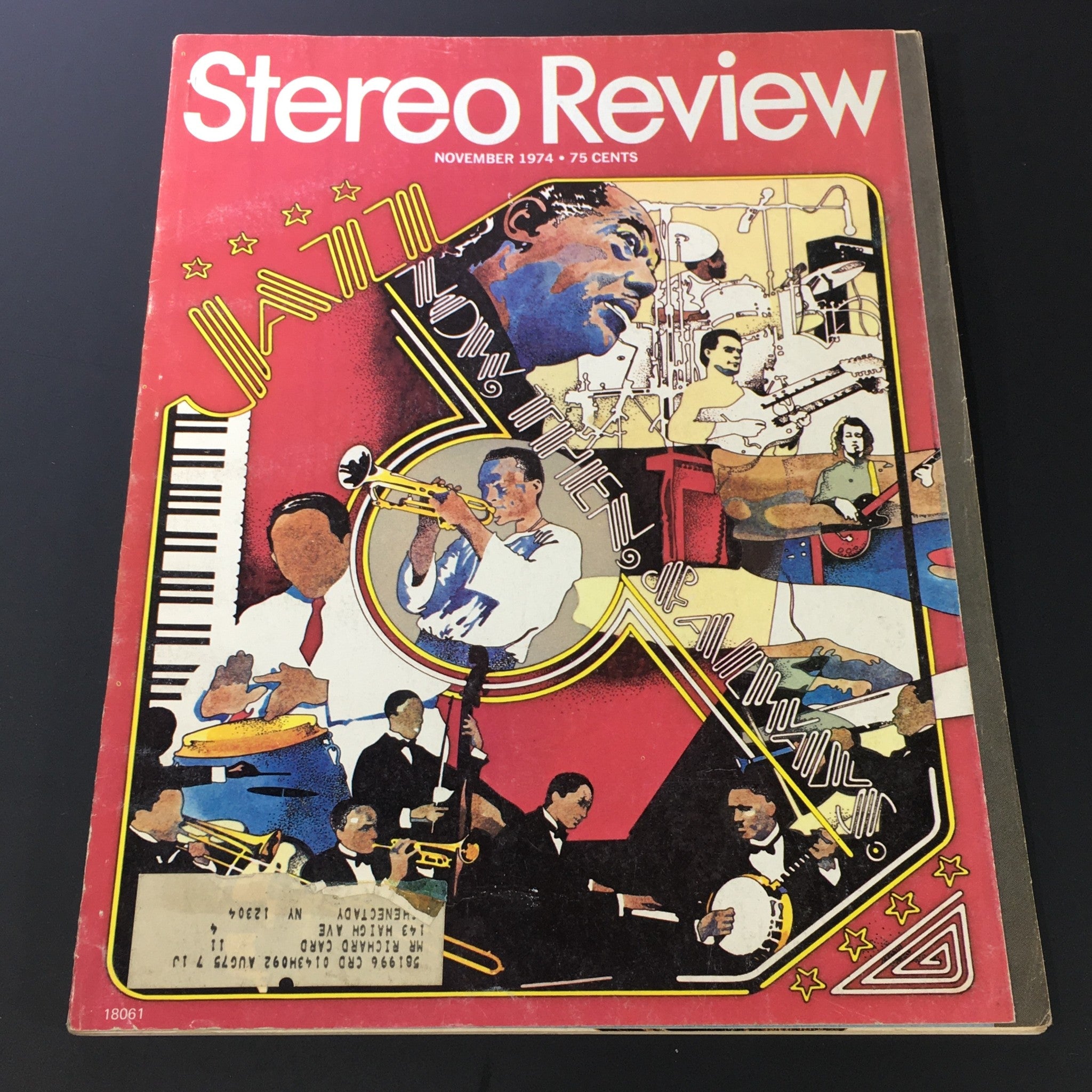 Cover of Vintage Stereo Review Magazine November 1974 featuring vibrant jazz-themed artwork, highlighting the rich history of jazz music.
