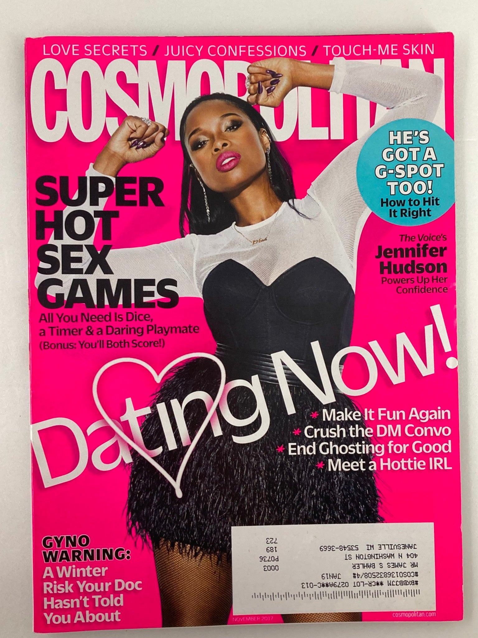 Cosmopolitan Magazine November 2017 cover featuring Jennifer Hudson, highlighting topics like empowerment and dating advice, with bold titles and vibrant colors.