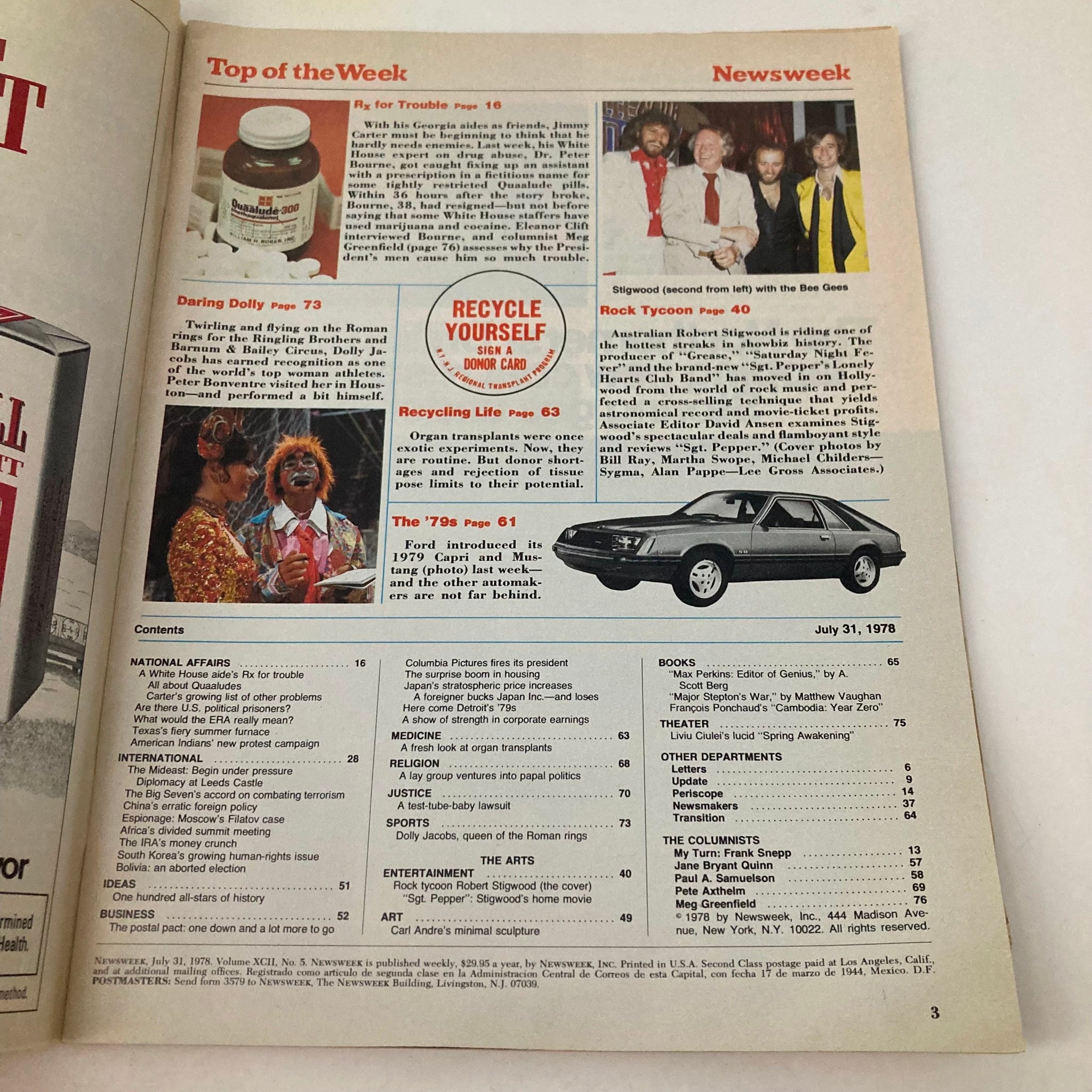 Inside page of VTG Newsweek Magazine July 31 1978 featuring content on Rock Tycoon Robert Stigwood and other articles.
