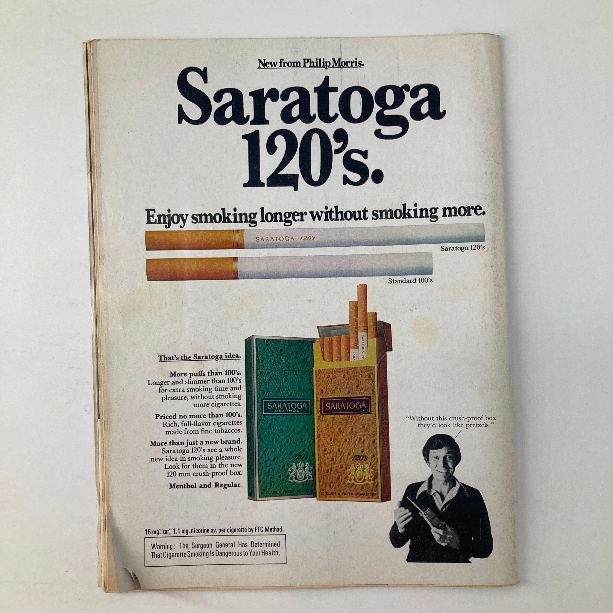 Advertisement page from VTG Newsweek Magazine July 21 1975 for Saratoga 120's cigarettes, promoting enjoyment without increased smoking.