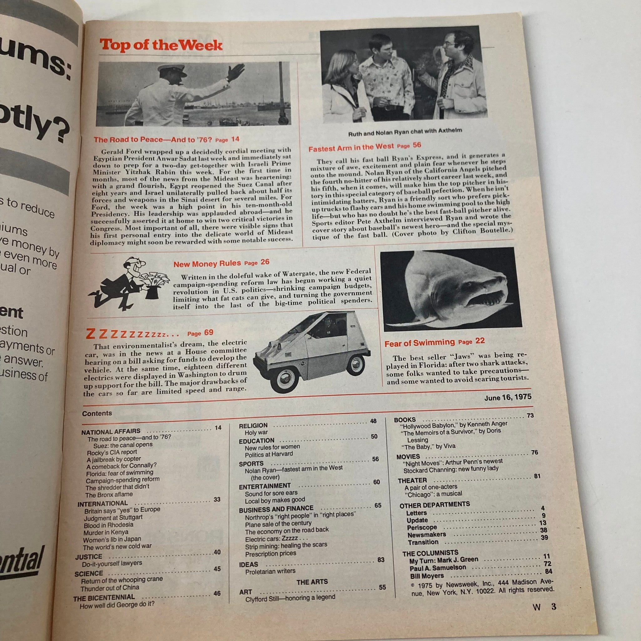 Inside page of VTG Newsweek Magazine June 16, 1975 highlighting articles including 'Fastest Arm in the West' featuring Nolan Ryan.