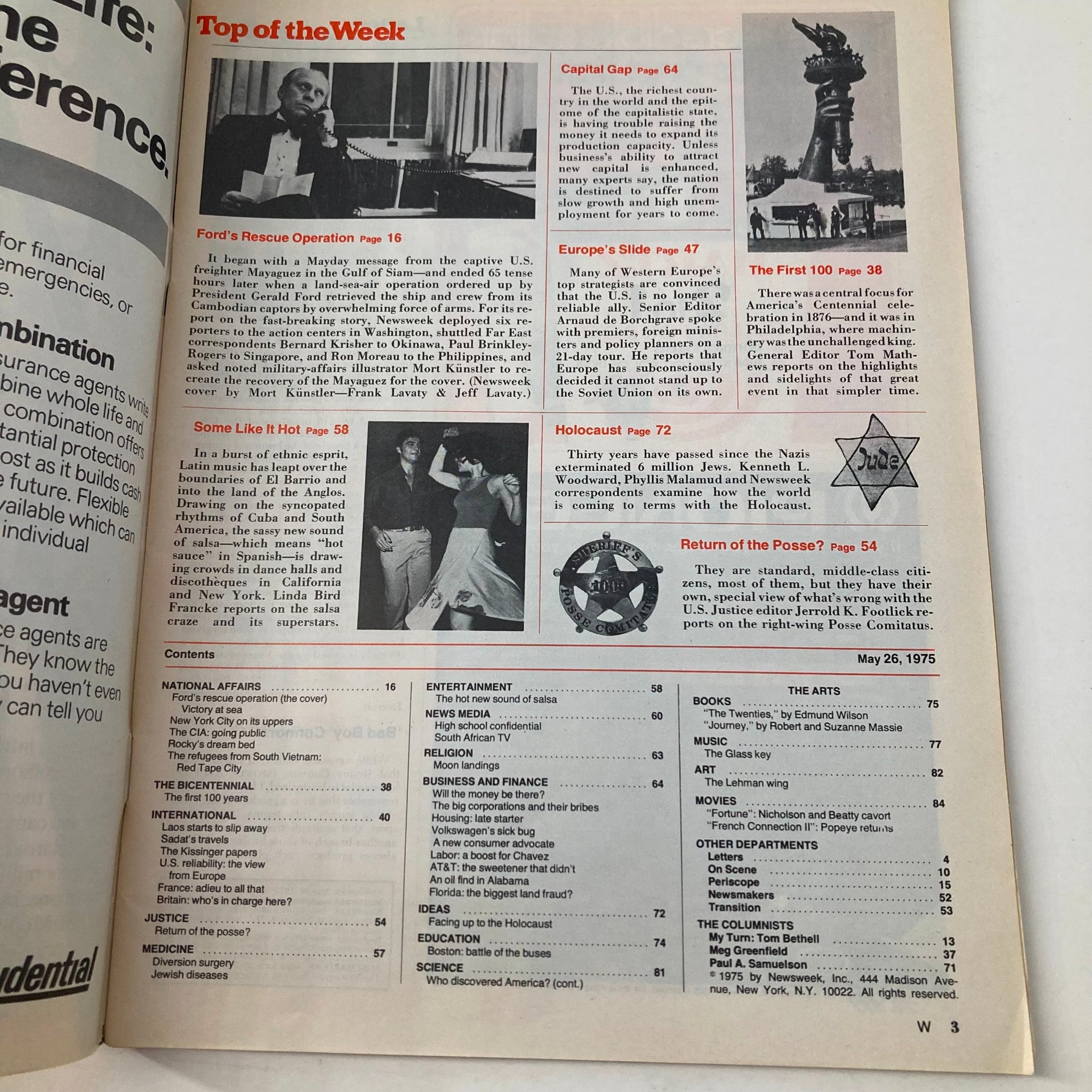 Contents page of the vintage Newsweek Magazine dated May 26, 1975 featuring articles including 'Ford's Rescue Operation', 'Europe's Slide', and entertainment sections, highlighting the Mayaguez Rescue in the Gulf of Siam.
