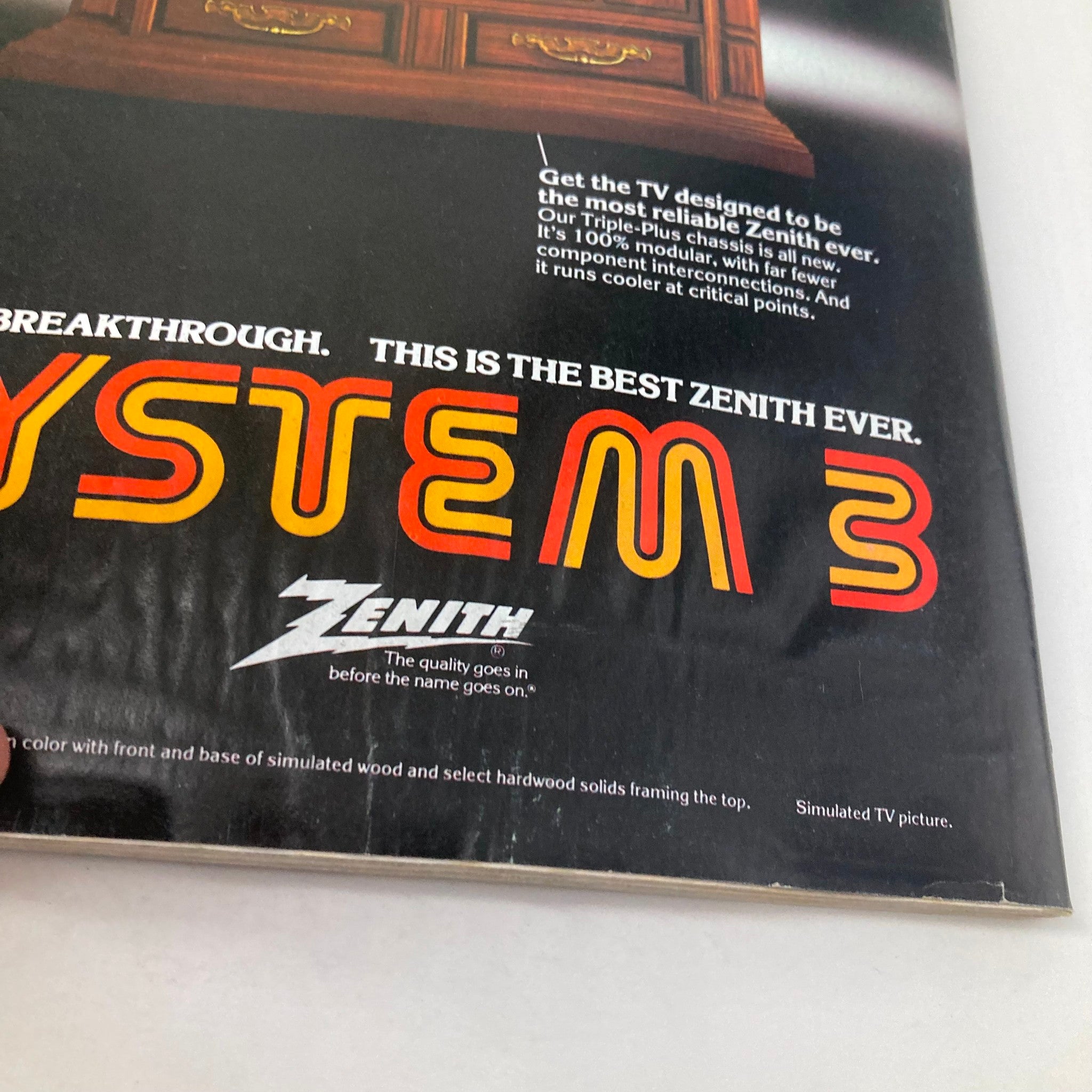 Close-up of the back cover of the VTG Newsweek magazine from September 18 1978 highlighting the 'System 3' Zenith television advertisement, emphasizing quality and reliability.
