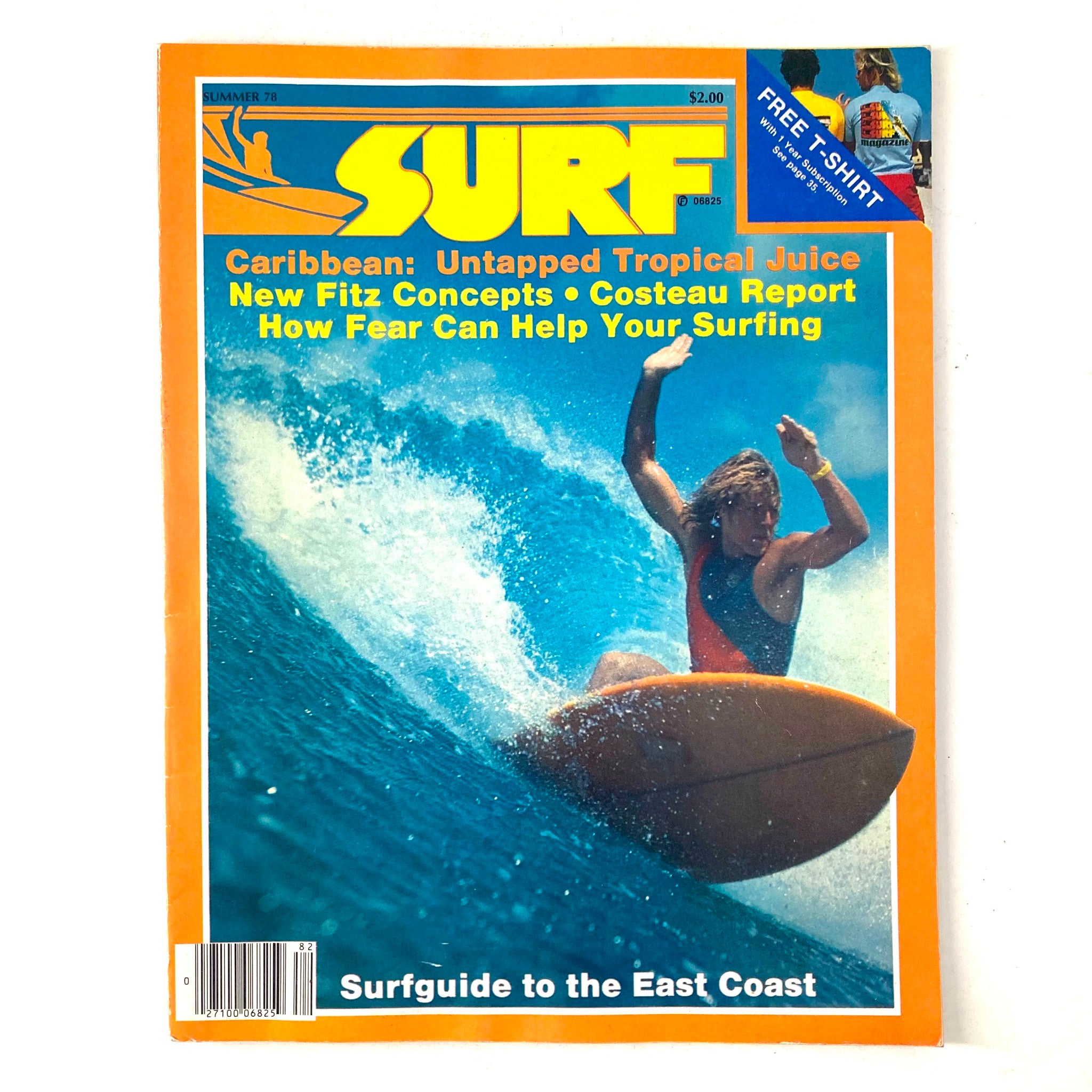 VTG Surf Magazine Summer 1978 featuring an orange cover with a surfer on a wave. The title reads 'Surfguide to the East Coast.' This vintage magazine showcases classic surfing culture.