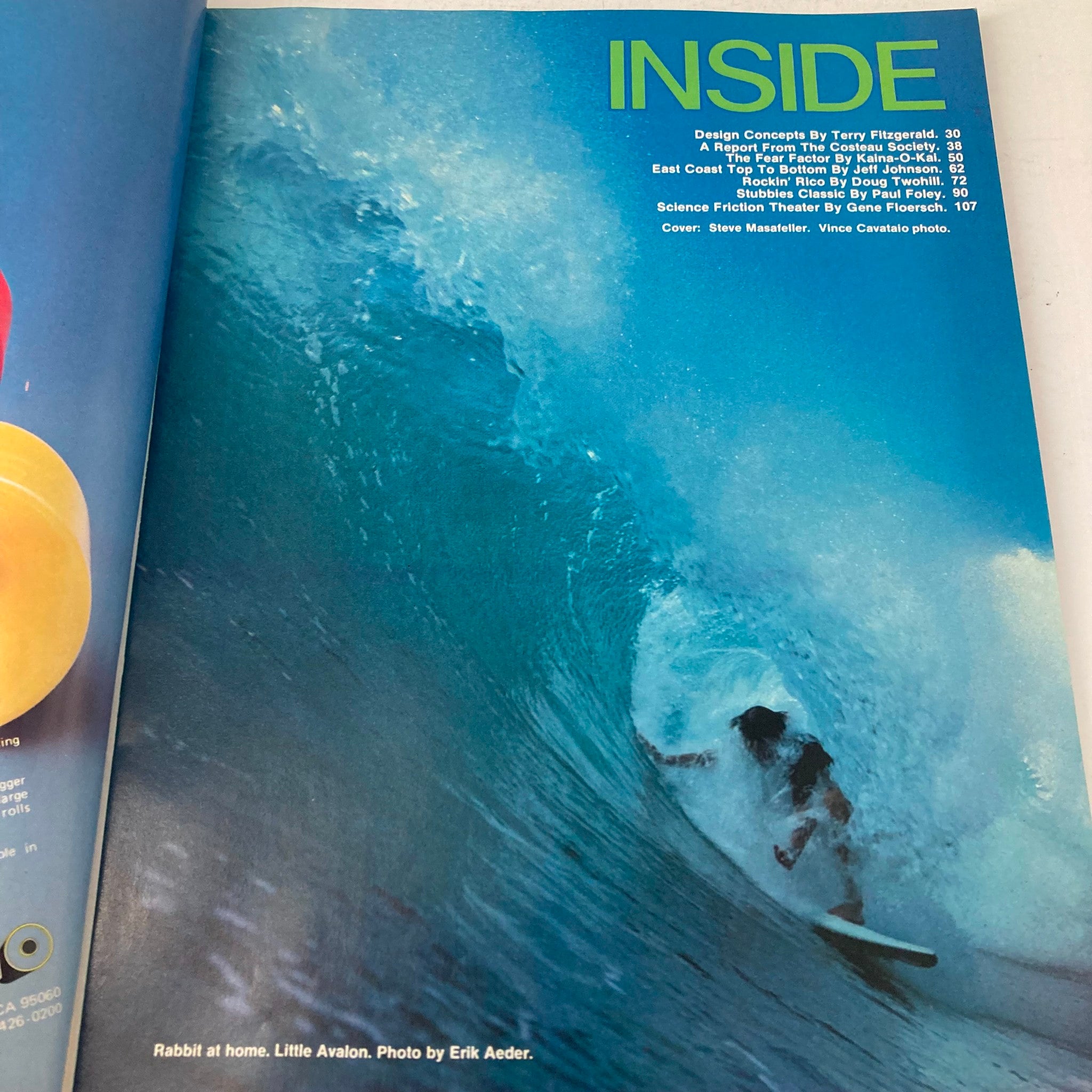 Inside page of VTG Surf Magazine Summer 1978 showing ocean waves with text highlighting features like design concepts and East Coast surfing.