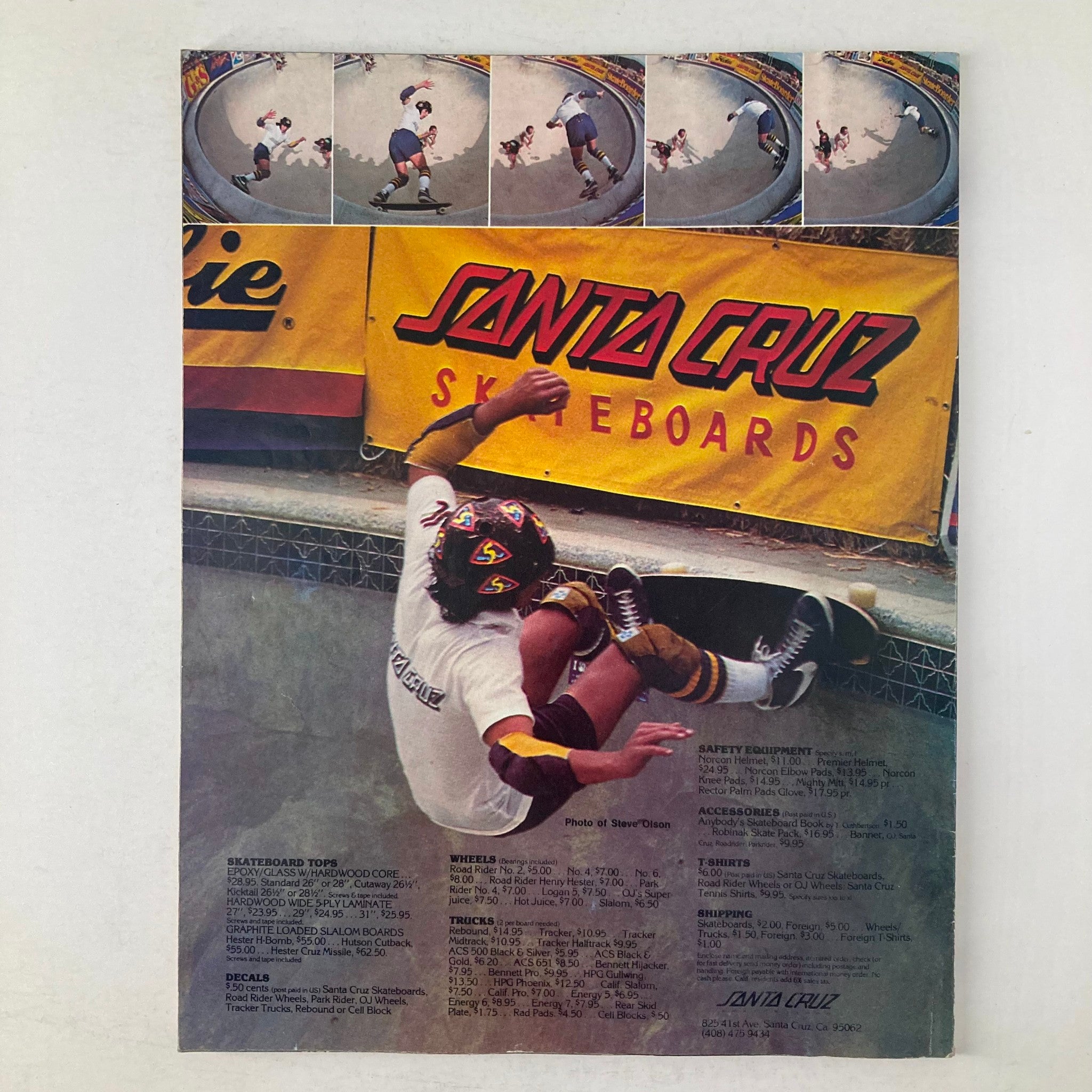 Back cover of VTG Surf Magazine Summer 1978 featuring a skateboarder performing tricks in a bowl with a Santa Cruz Skateboards banner in the background.