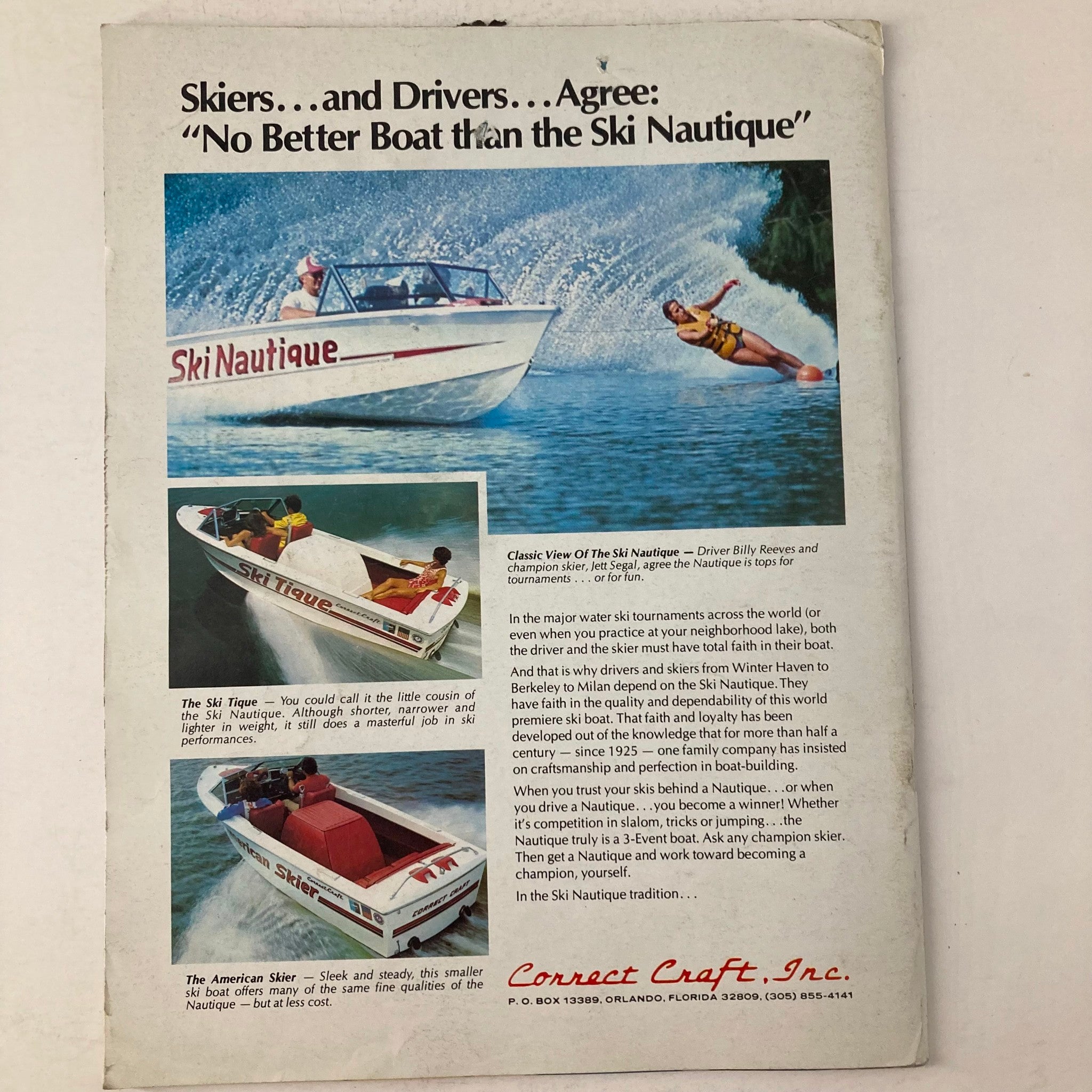 Back cover of Spray The Water Skiing Magazine Winter 1977 advertising the Ski Nautique boat, showcasing its performance for water skiing and recreational use, emphasizing its popularity among skiers and drivers.