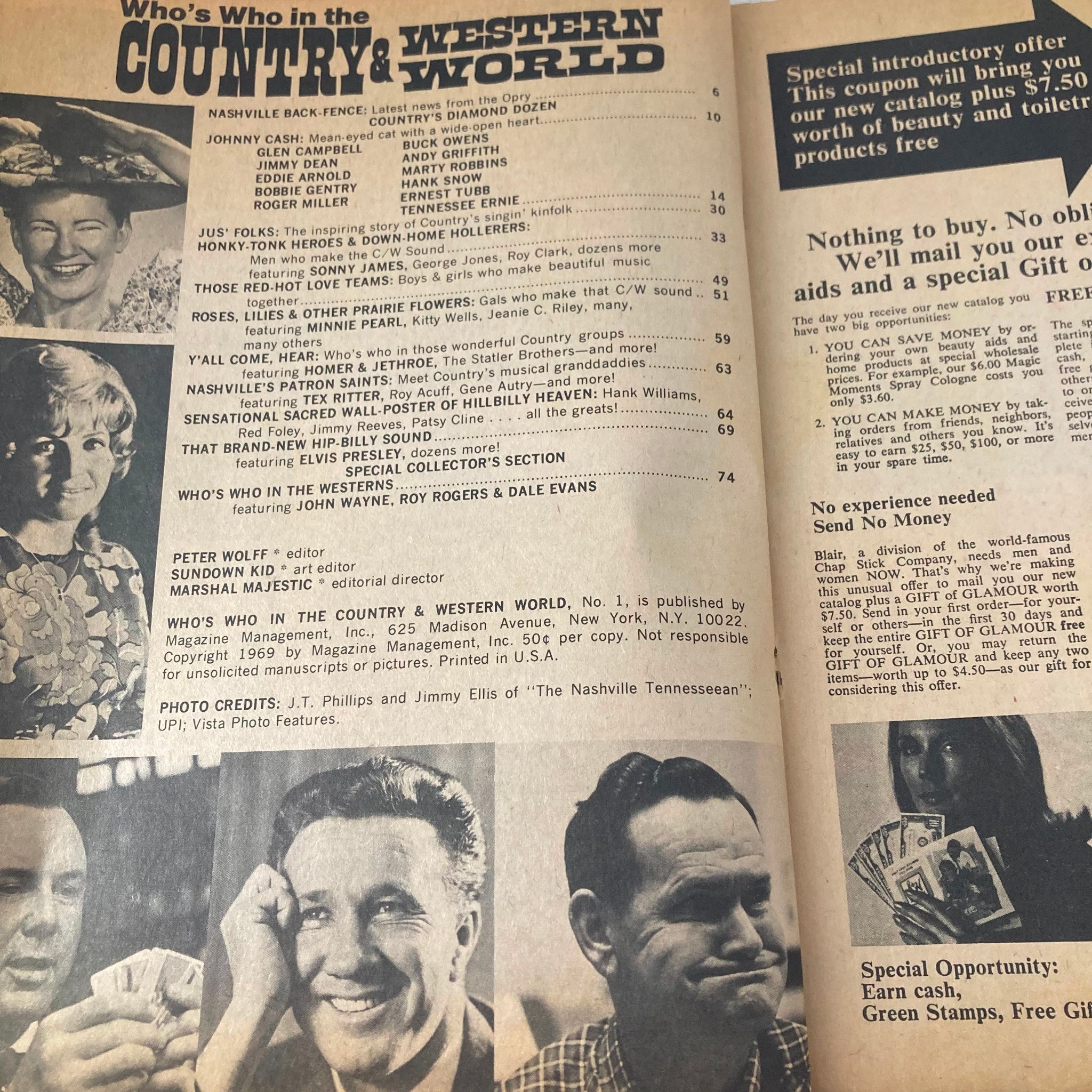 Interior page of Who's Who in The Country & Western World Magazine 1970, displaying content including a table of contents and features about notable country artists.