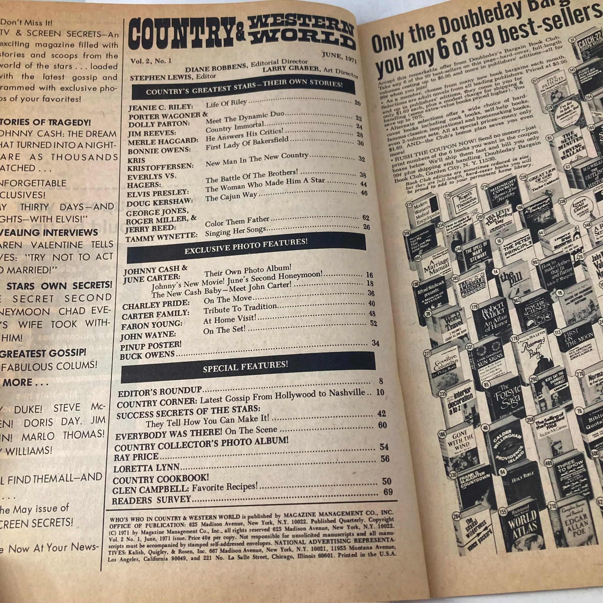 Inside page of 'Who's Who in The Country & Western World Magazine, June 1971' displaying the table of contents and upcoming features including articles on country music stars.