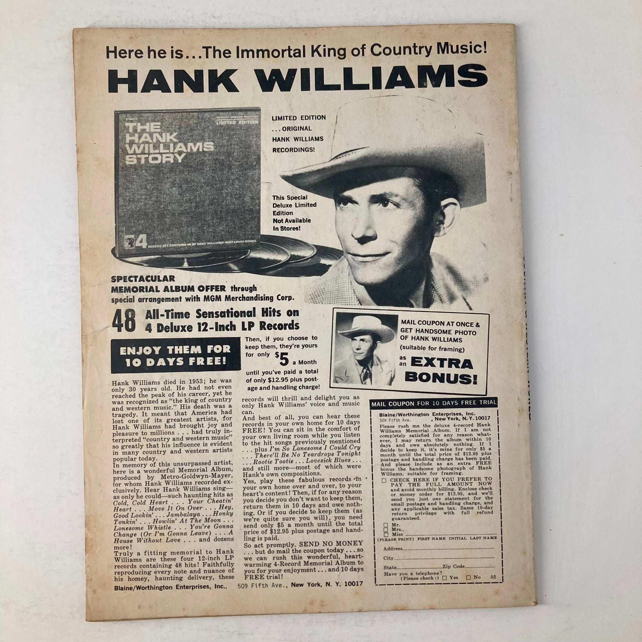 Back page of 'Who's Who in The Country & Western World Magazine, June 1971' featuring an advertisement for Hank Williams' music collection.