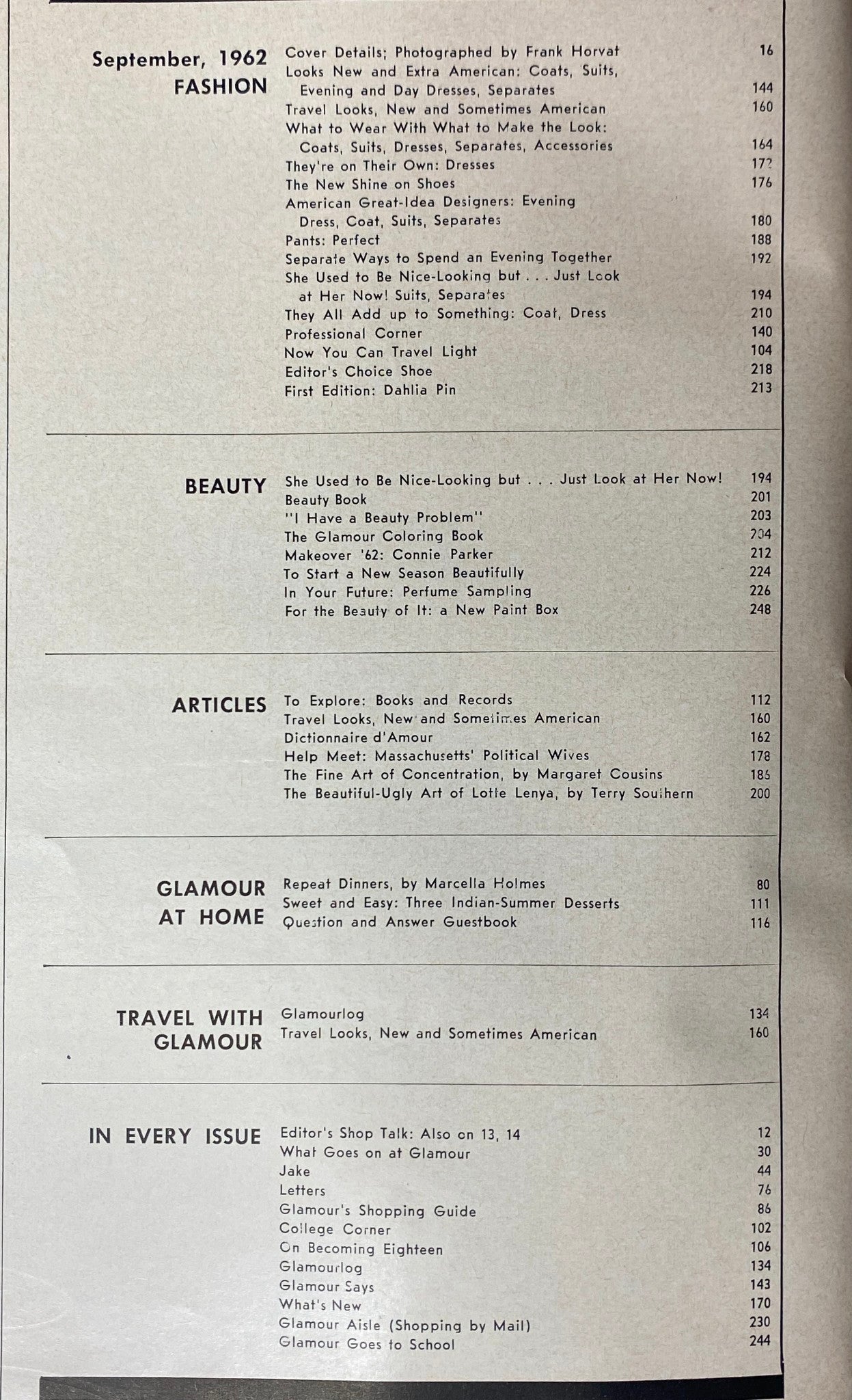 Table of contents page from Glamour Magazine September 1962 displaying sections on fashion, beauty, and articles, showcasing the magazine's diverse content.