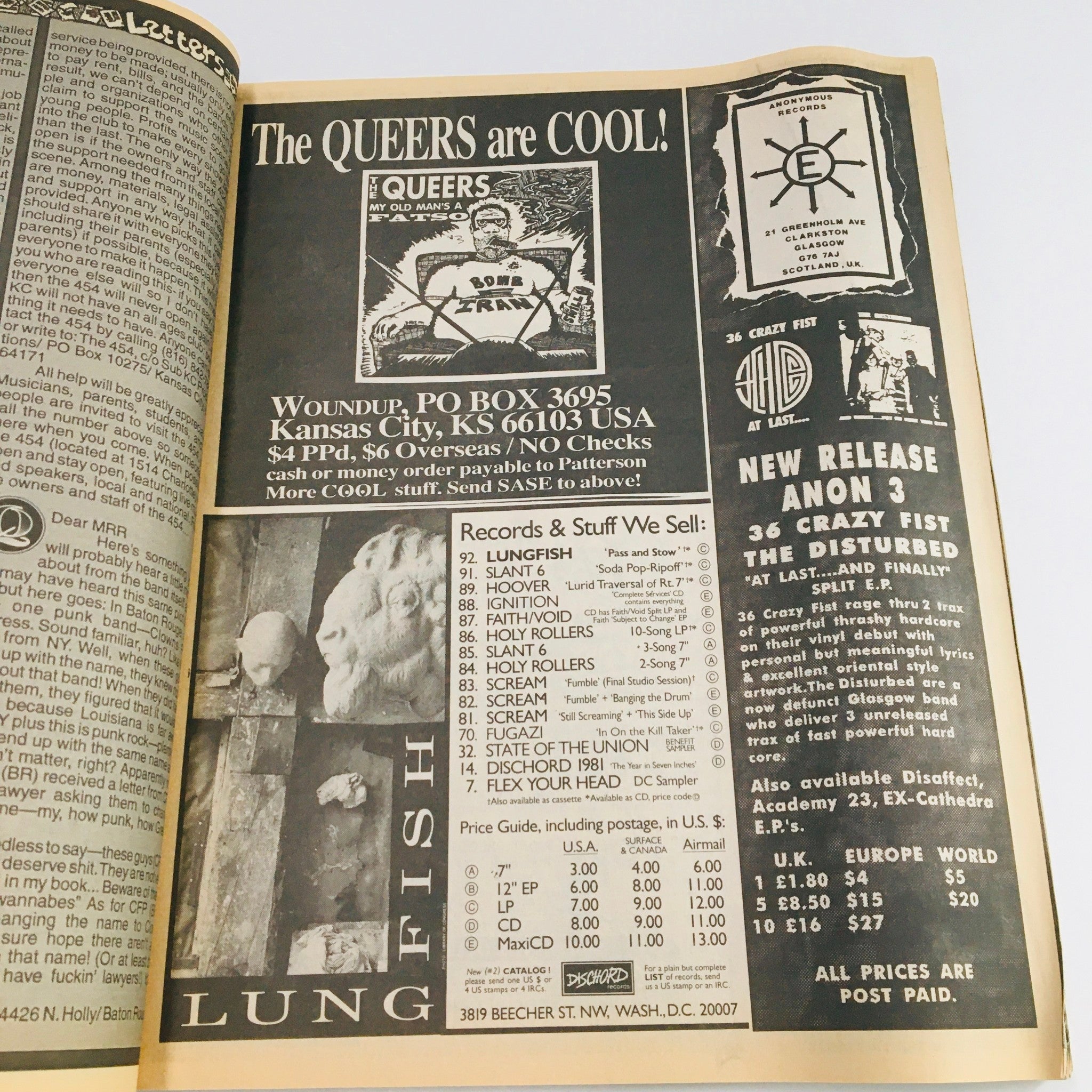 Interior page of Maximum RocknRoll Magazine, April 1995, Issue #143, showcasing an advertisement featuring The Queers.