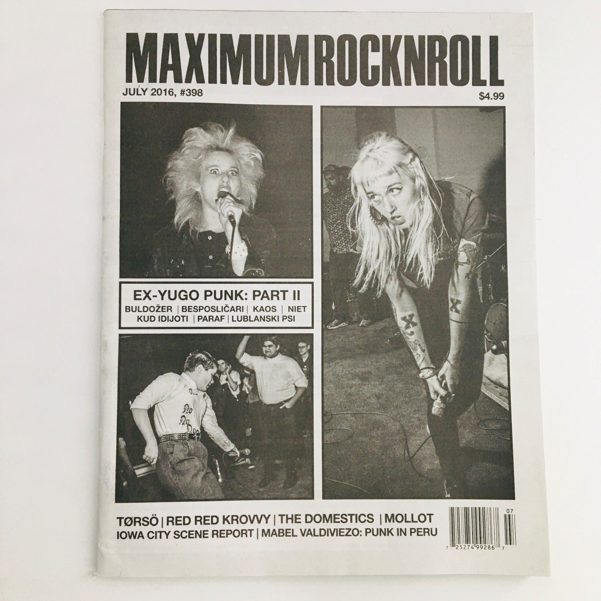 Cover of Maximum RocknRoll Magazine July 2016 #398 featuring Ex-Yugo Punk Part II, showcasing vibrant punk music culture and artists.