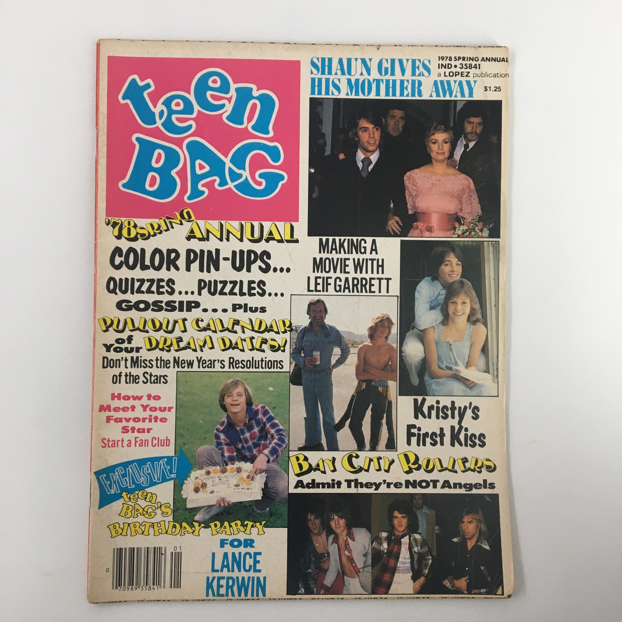Cover of the VTG Teen Bag Annual Magazine Spring 1978 featuring headlines and images of Shaun Cassidy and Leif Garrett, with colorful graphics and nostalgic vintage design.