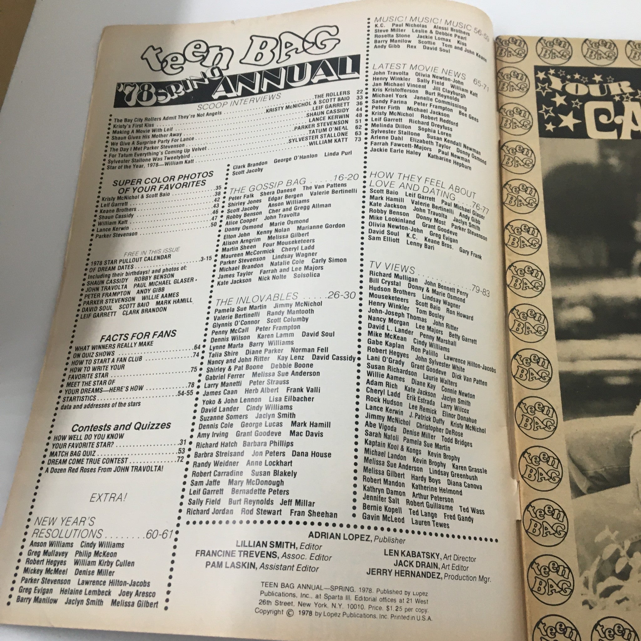 Interior page of the VTG Teen Bag Annual Magazine Spring 1978 displaying the table of contents, listing articles and features related to popular teen icons and culture of the '70s.