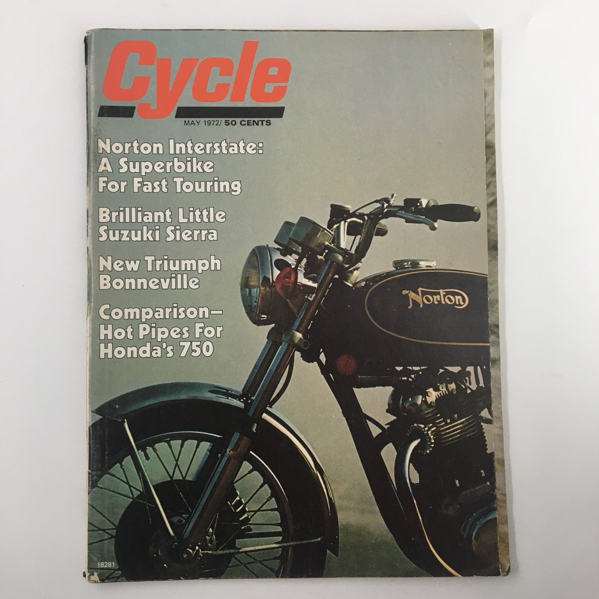Cover of VTG Cycle Magazine May 1972 featuring the Norton Interstate, a superbike for fast touring, along with articles on Suzuki Sierra, Triumph Bonneville, and Honda's 750 comparison.