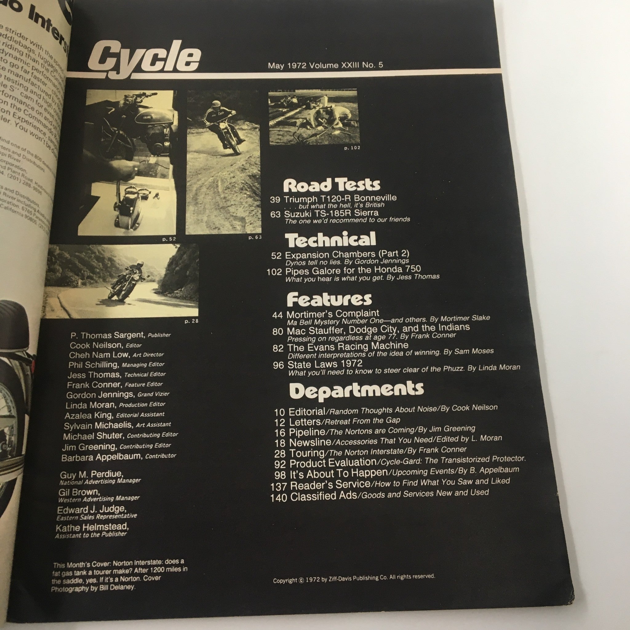May 1972 issue of Cycle Magazine showcasing the contents including articles on road tests for classic motorcycles, technical features, and noteworthy departments related to motorcycle culture.