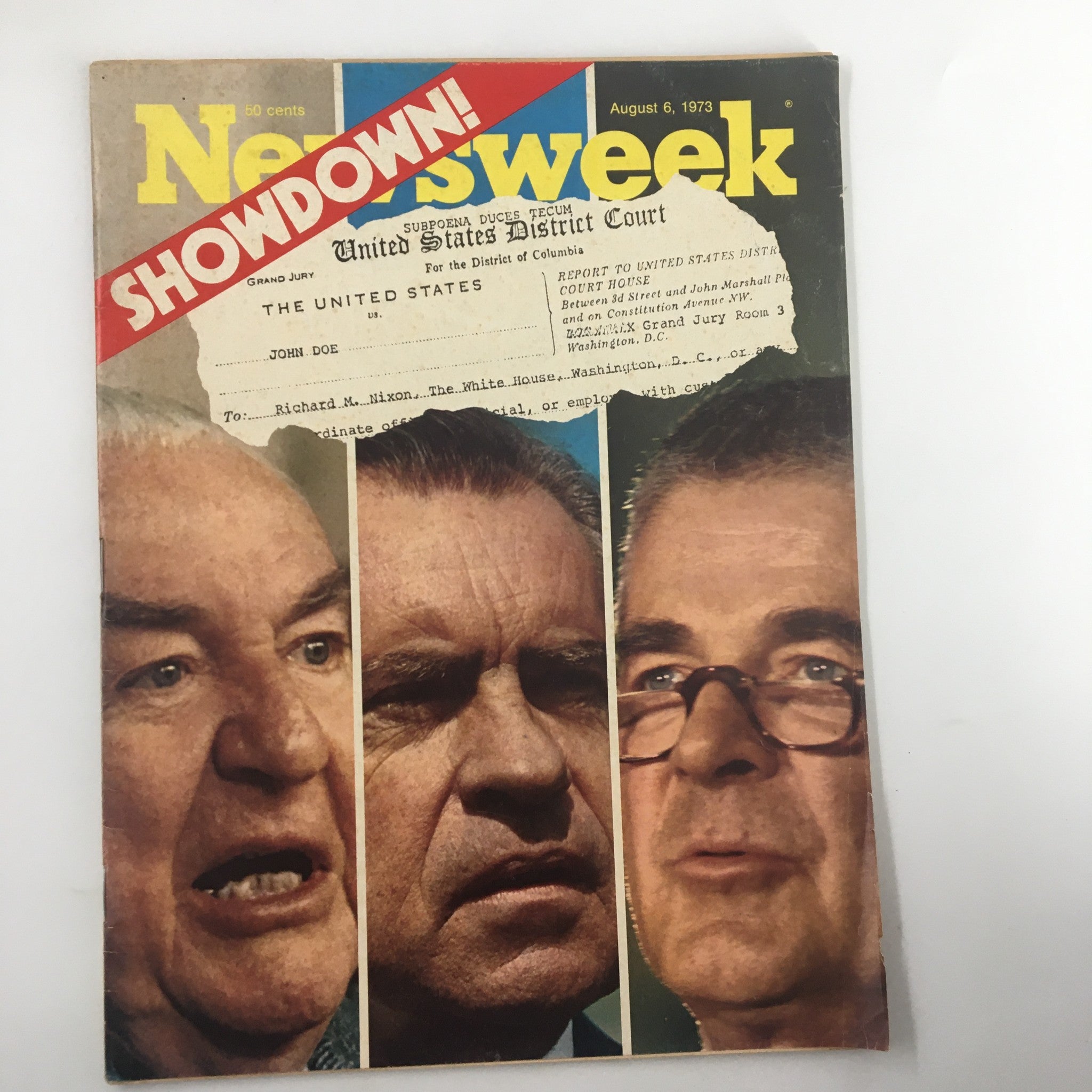 VTG Newsweek Magazine August 6 1973 cover featuring a dramatic showdown theme with images of Richard Nixon and others, highlighting a significant moment in U.S. political history.