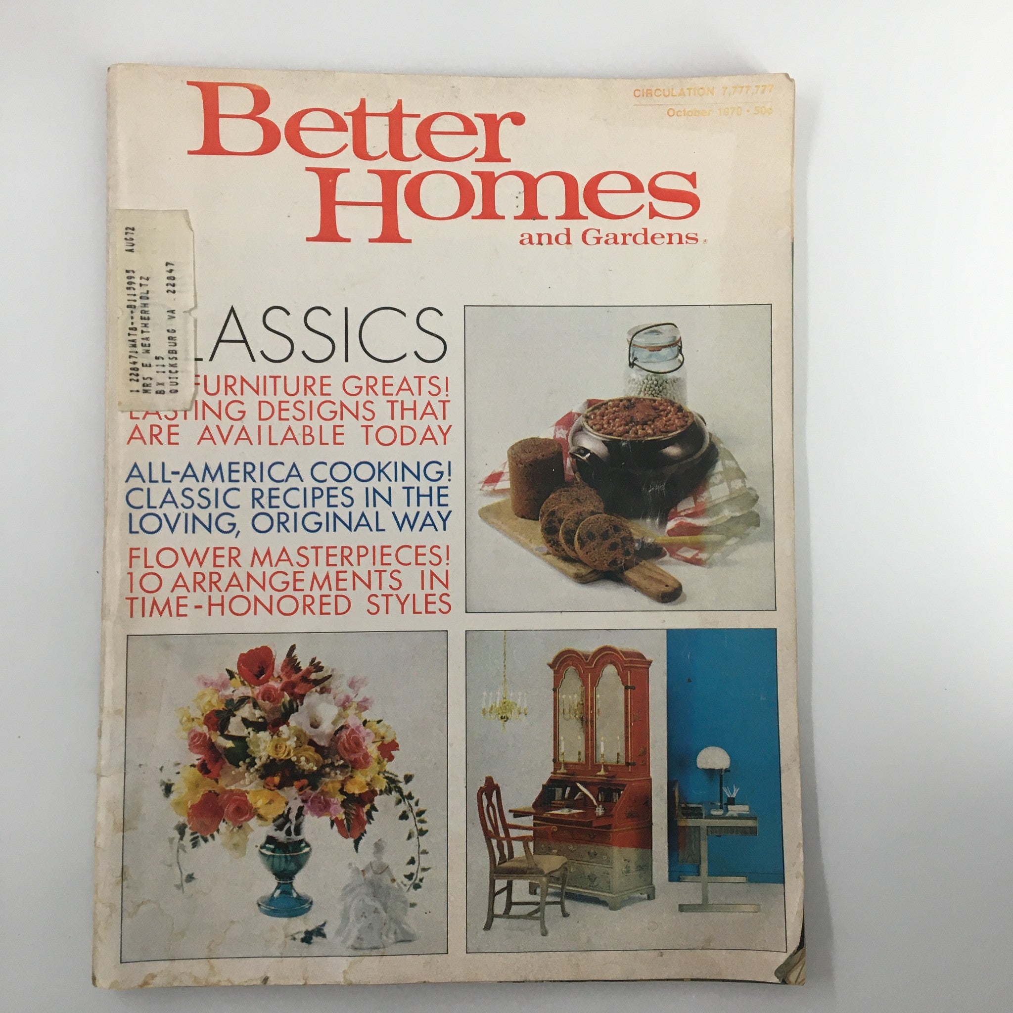 Cover of VTG Better Homes & Gardens Magazine October 1970 featuring the title 'All-America Cooking! Classic Recipes in the Loving, Original Way' alongside illustrations of a flower arrangement, a dessert bowl, and home furnishings.