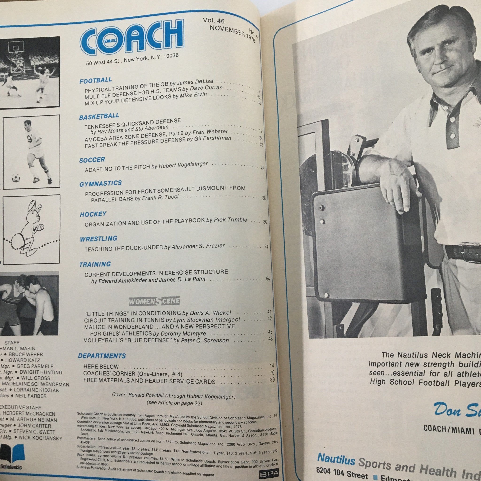 Inside page of VTG Scholastic Coach Magazine November 1976, displaying contents and articles, including insights from Ronald Pownall and various sports topics.