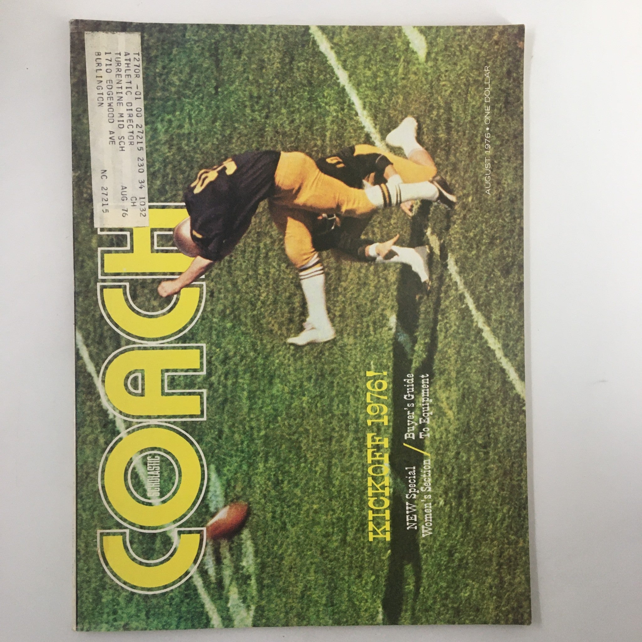 Cover of VTG Scholastic Coach Magazine August 1976 featuring a football player in action, photo courtesy of U.S. Naval Academy