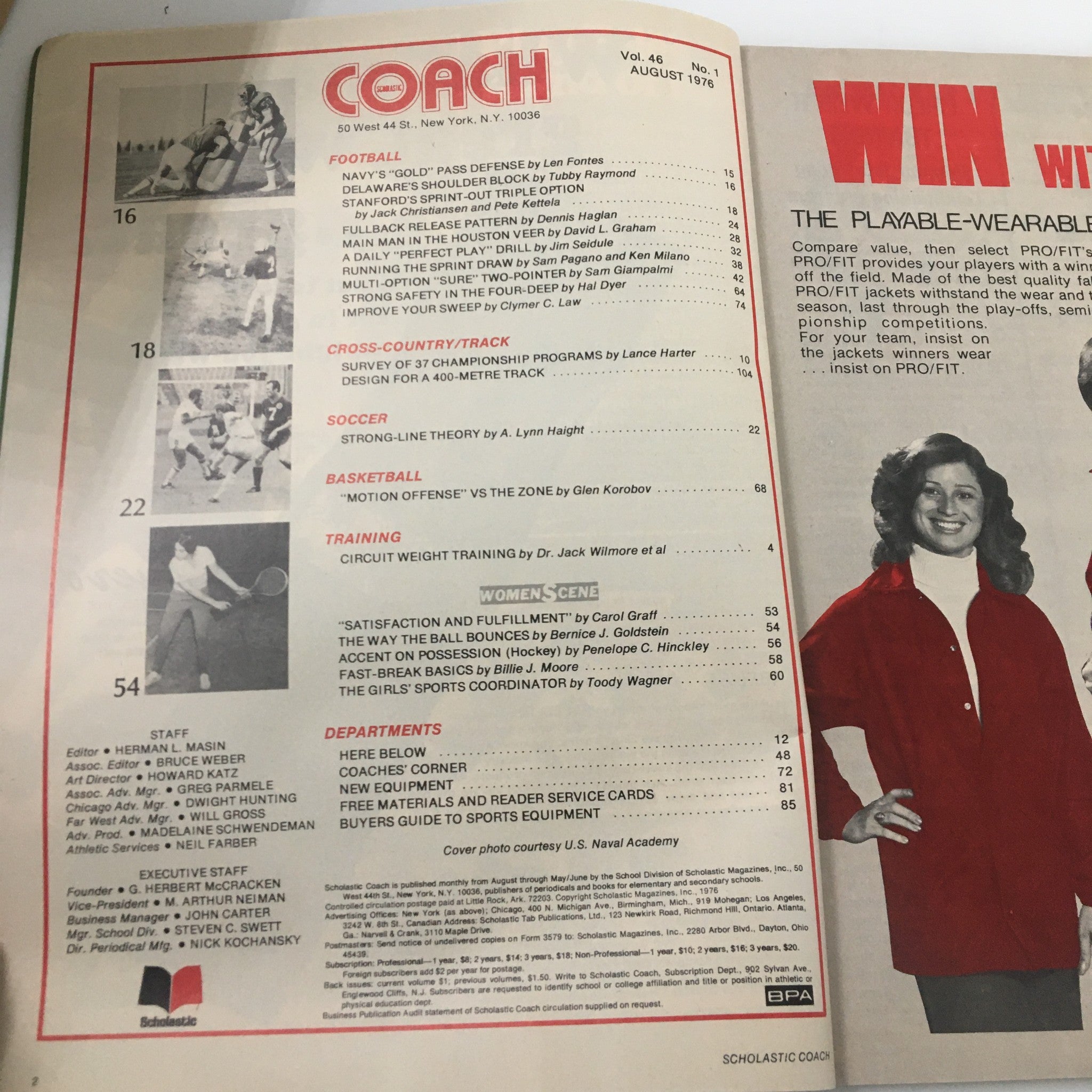 Interior page of VTG Scholastic Coach Magazine August 1976, showing the contents and articles related to various sports and coaching strategies.