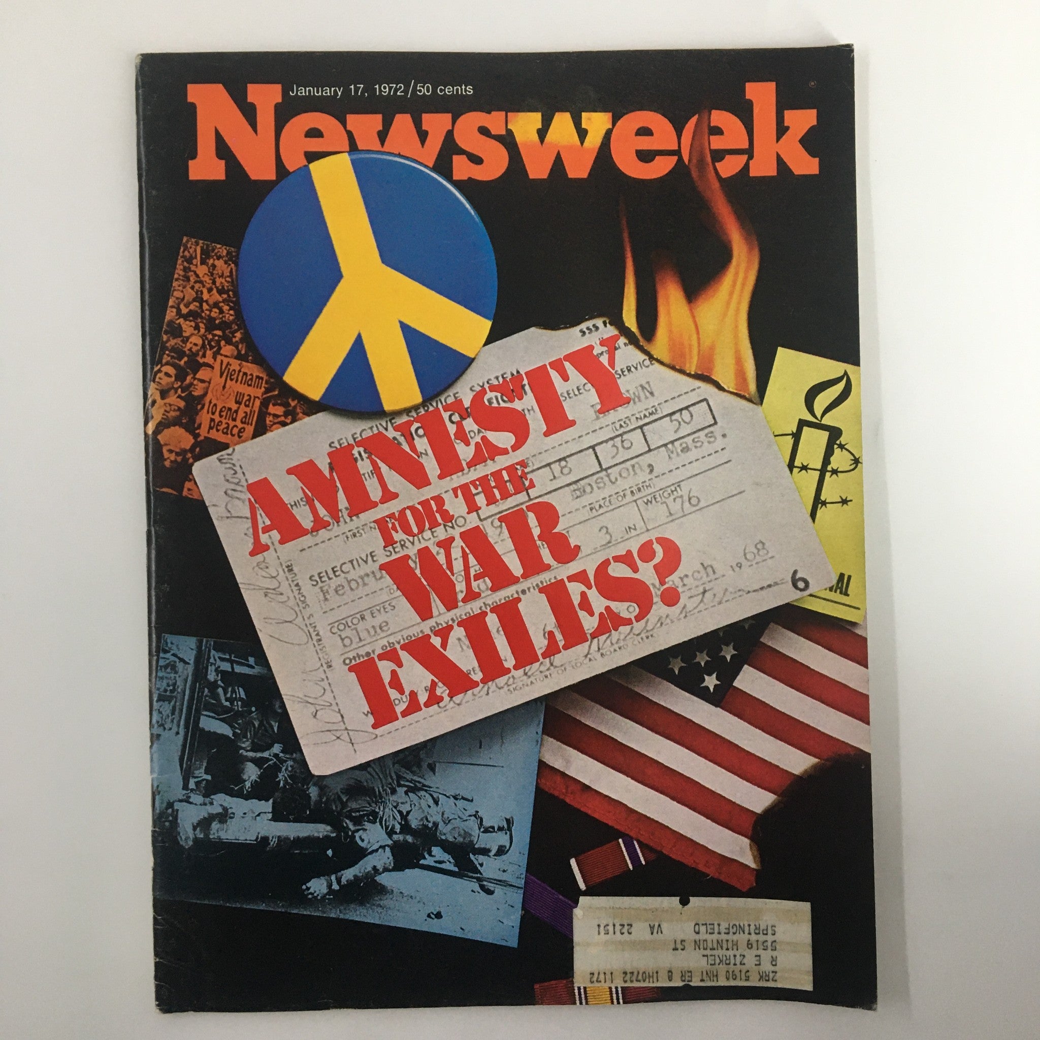 VTG Newsweek Magazine January 17 1972 cover featuring the headline 'Amnesty for the War Exiles?', showcasing a peace symbol, images representing the Vietnam War, and a background of American flags.