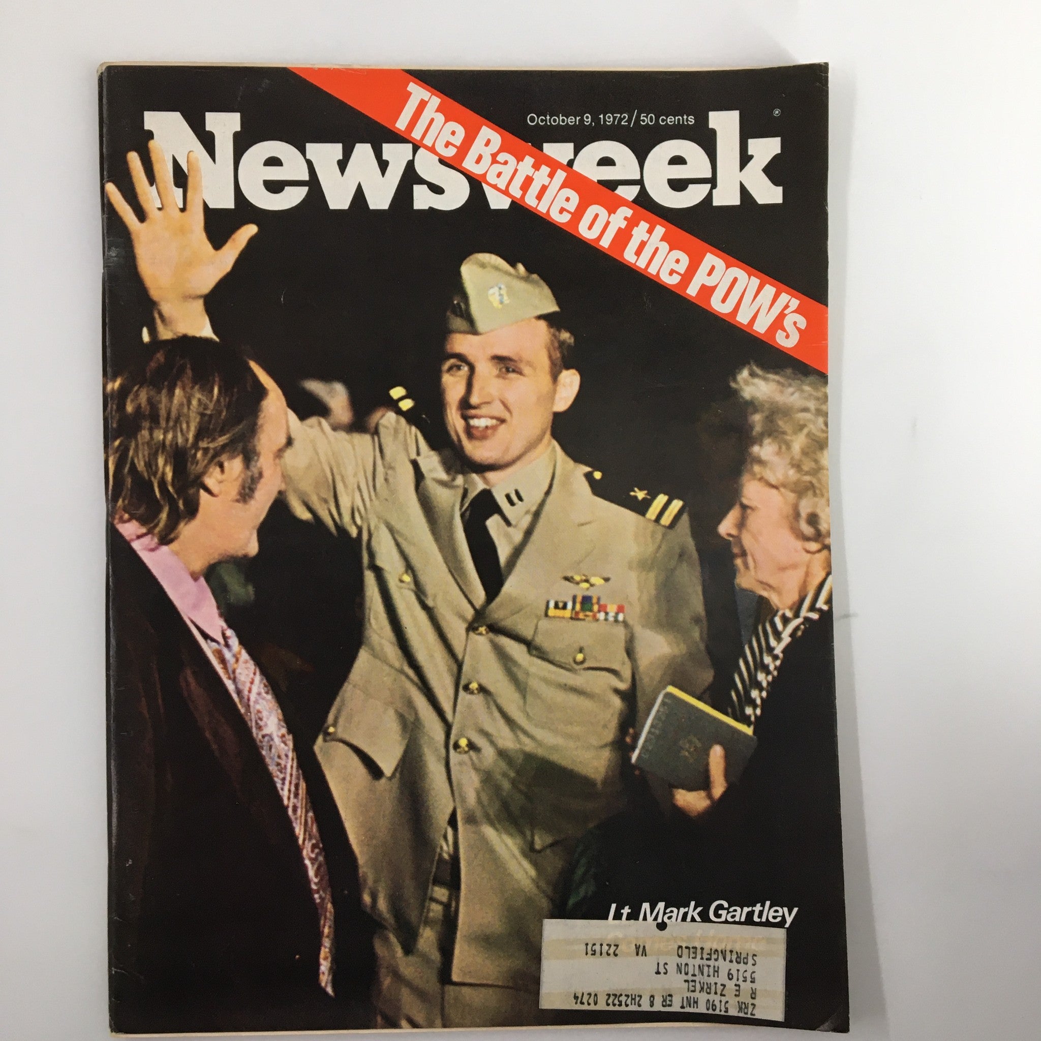 Vintage Newsweek Magazine from October 9, 1972, featuring Lt. Mark Gartley with an article titled 'The Battle of the POW's.' The cover depicts Lt. Gartley in military uniform with a festive background.