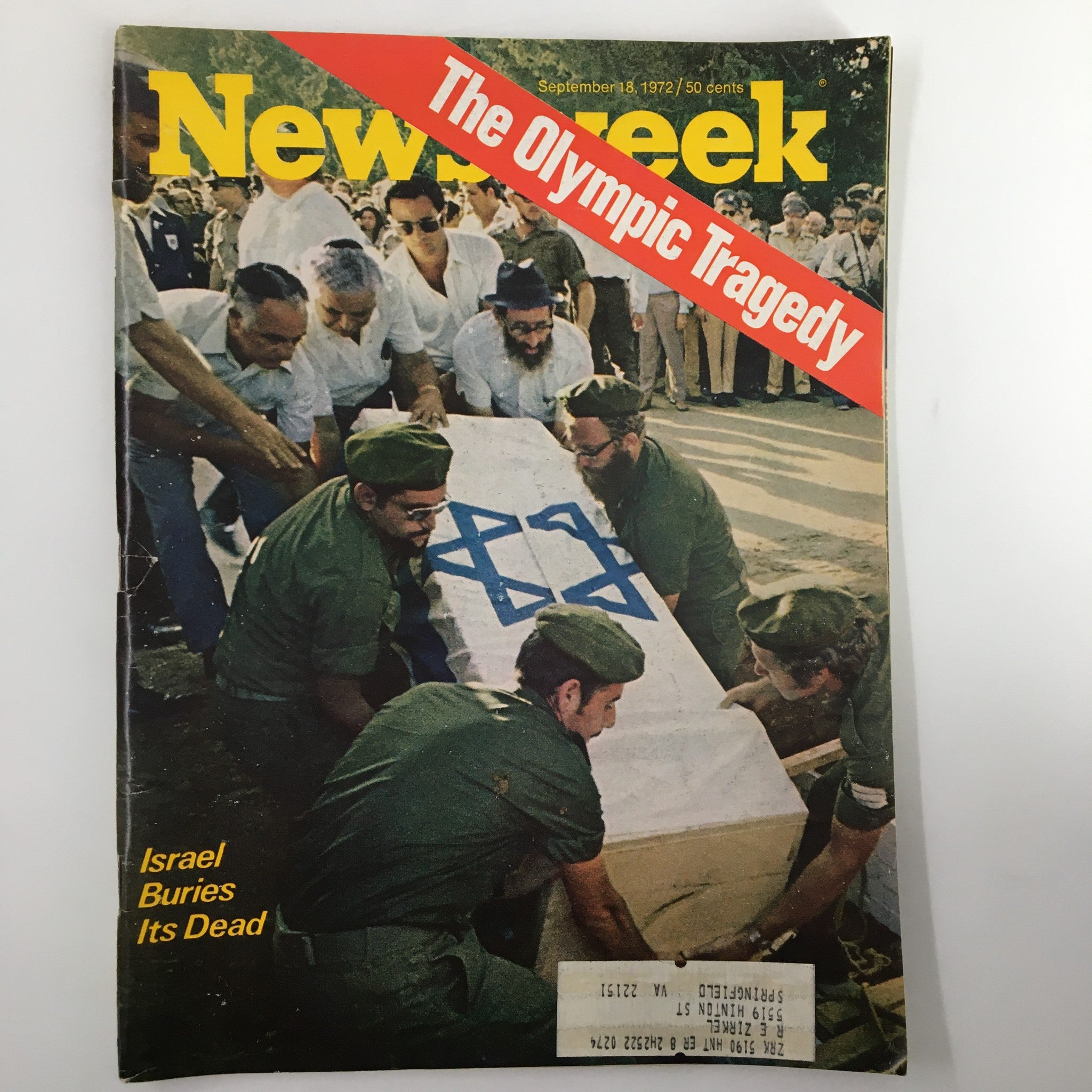 Newsweek Magazine cover from September 18, 1972, featuring the headline 'The Olympic Tragedy' and a depiction of Israeli soldiers carrying a coffin, symbolizing the mourning during the Munich Olympics.