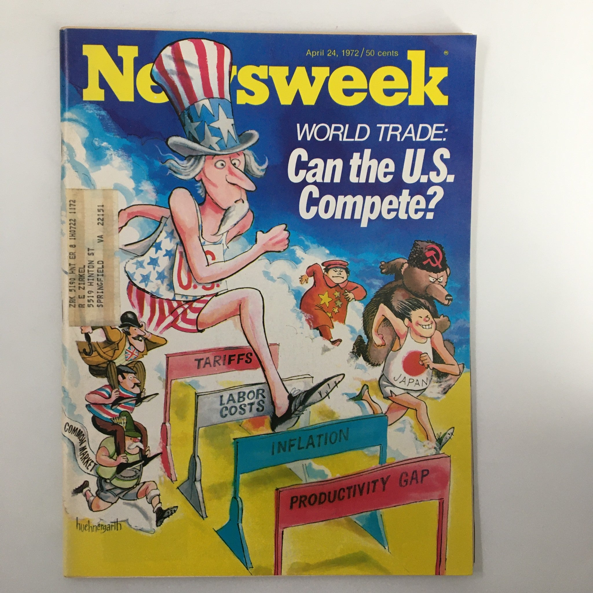 Cover of VTG Newsweek Magazine dated April 24, 1972, featuring an illustration depicting Uncle Sam amidst a race symbolizing U.S. competition in world trade with captions contextualizing tariffs, labor costs, inflation, and productivity gap.