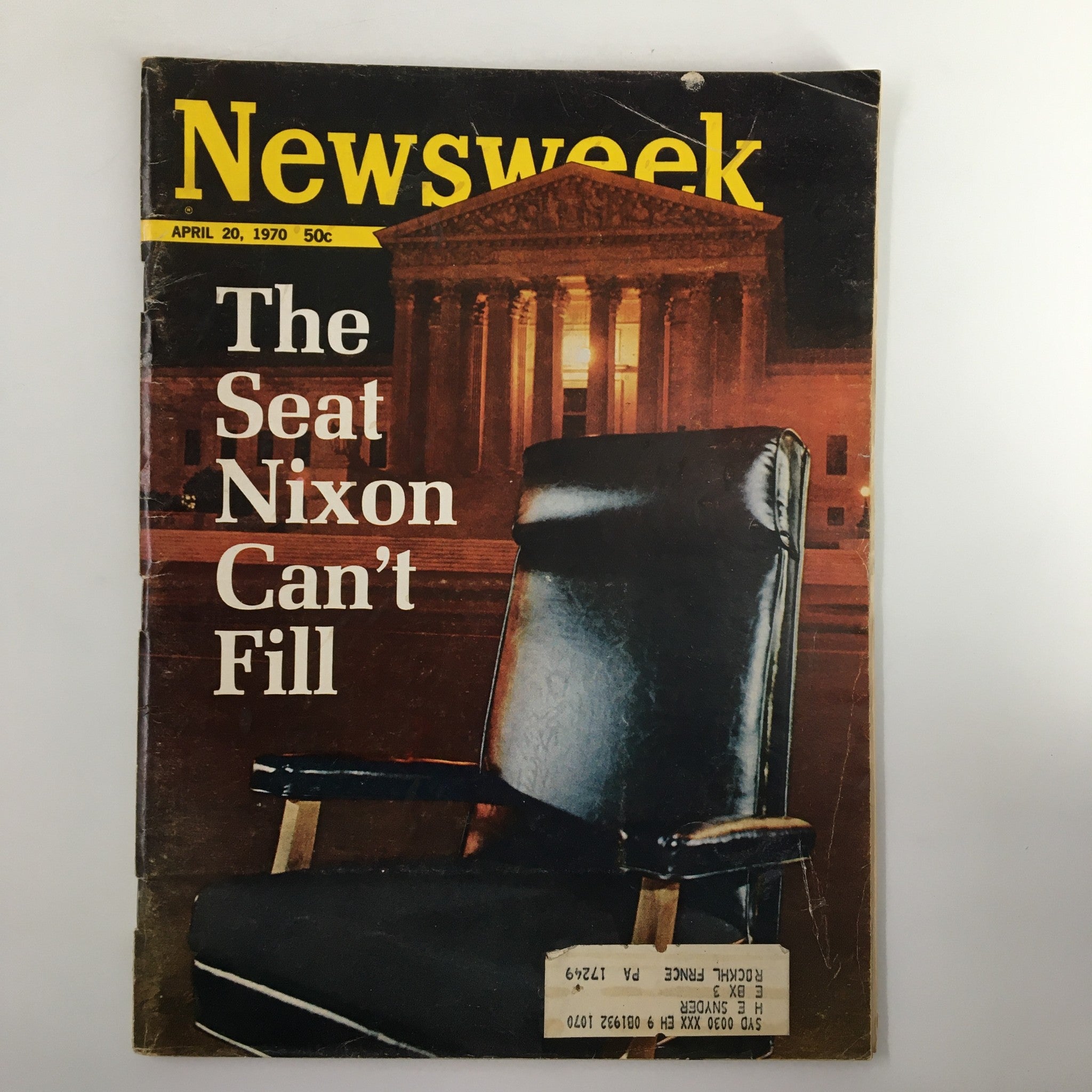 Vintage Newsweek magazine cover from April 20, 1970, titled 'The Seat Nixon Can't Fill', featuring an empty chair with a historic backdrop.