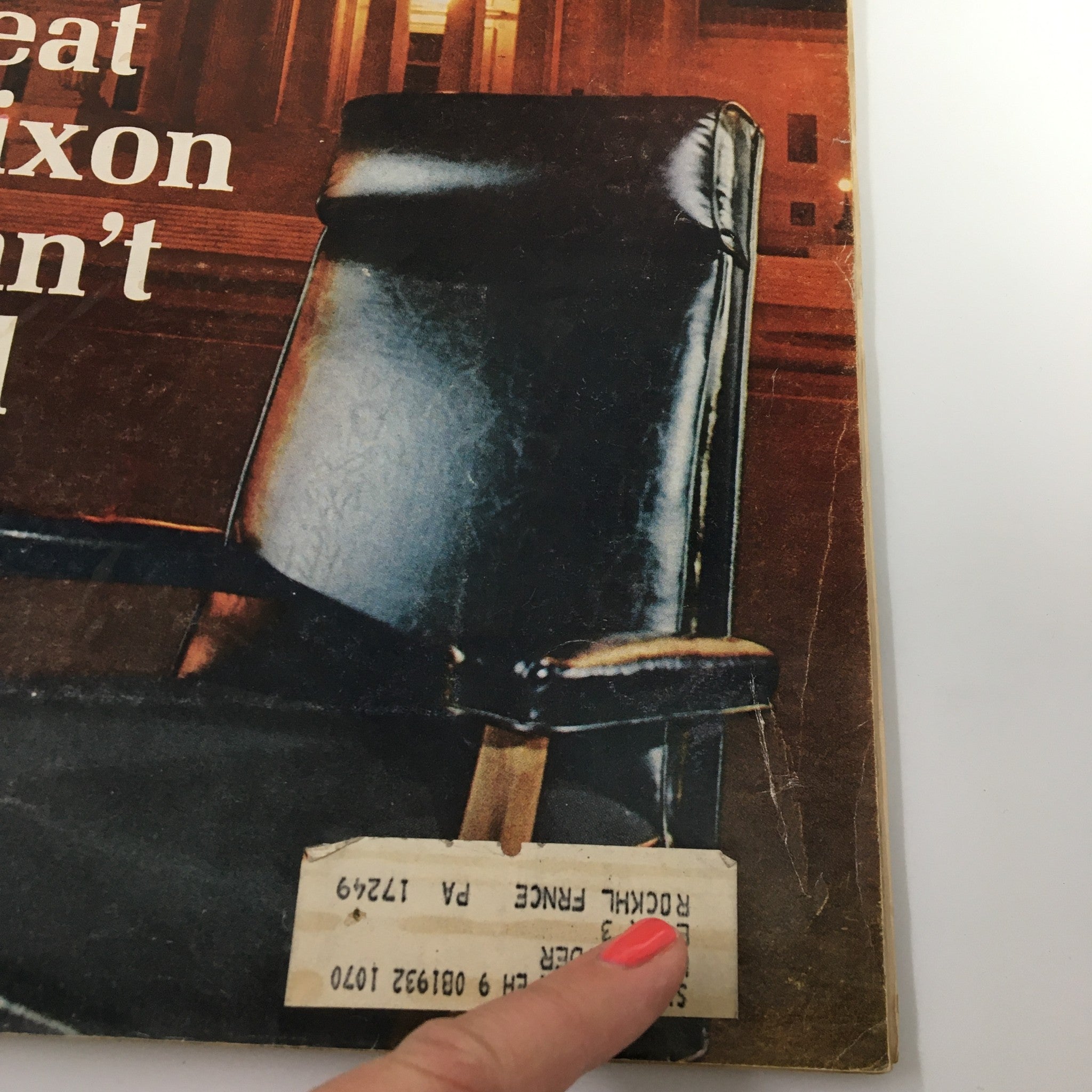 Cover of the vintage Newsweek magazine from April 20, 1970, titled 'The Seat Richard Nixon Can't Fill', featuring a detailed image of an empty leather chair and a price label with its historical context.