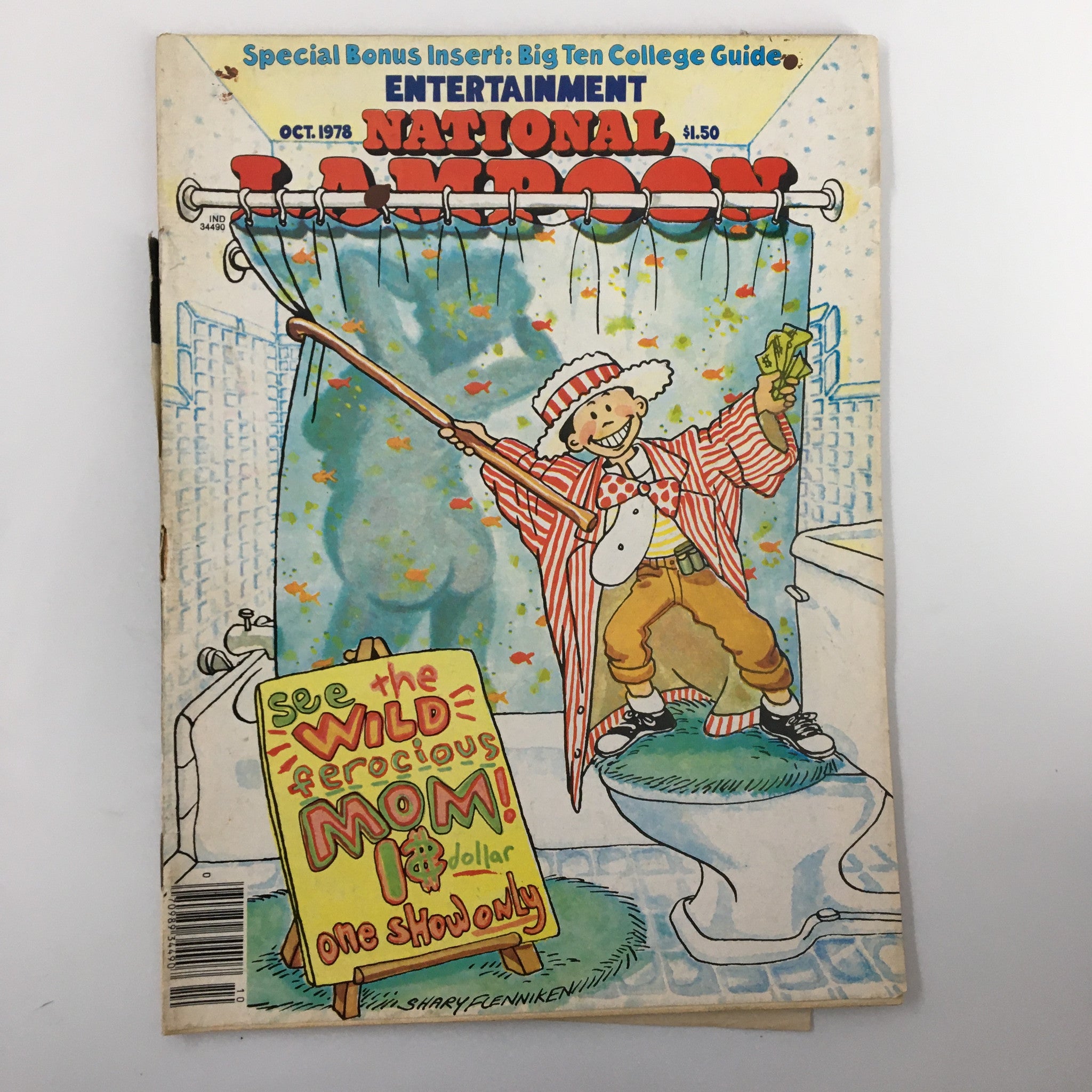 Vintage National Lampoon Humor Magazine October 1978 cover featuring a whimsical illustration of a clown-like character in a bathtub holding a dollar bill, promoting the Wild Ferocious Mom edition. The magazine is in good condition, perfect for collectors.