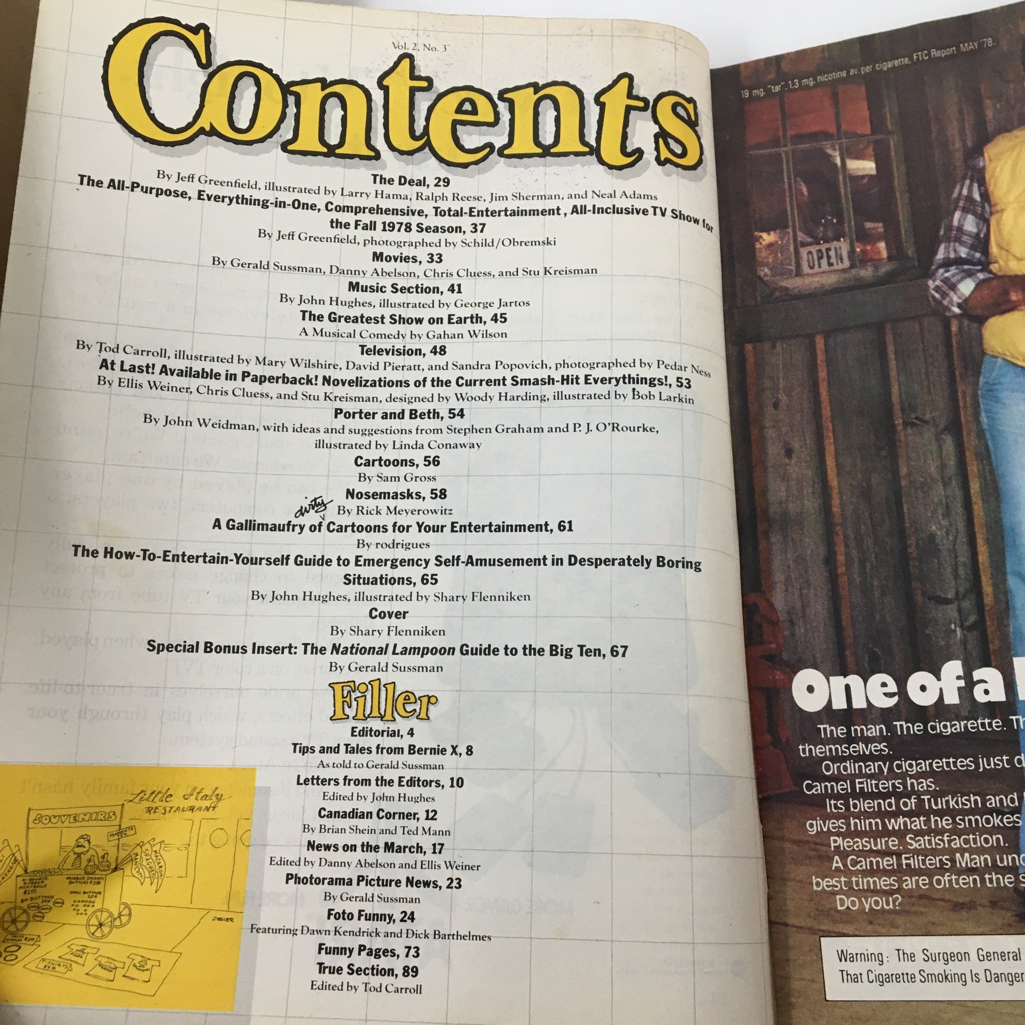 Interior page of the Vintage National Lampoon Humor Magazine October 1978 displaying the contents section with a variety of humorous article titles and illustrations, showcasing the magazine's signature comedic style.