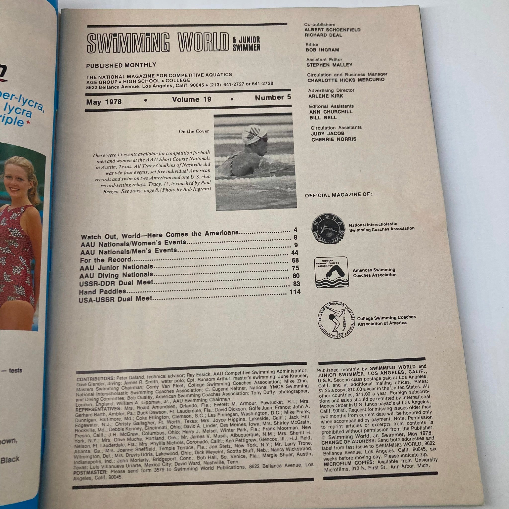 Inside page of Swimming World & Junior Swimmer Magazine May 1978, listing contents and features, including articles on swimming techniques and athlete profiles.