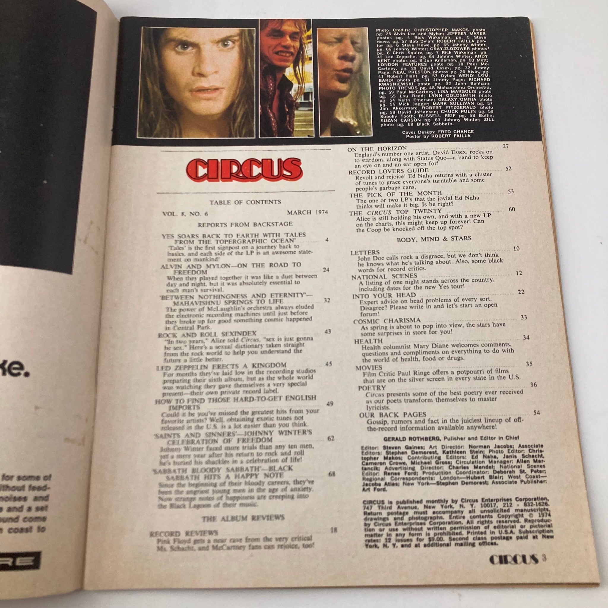Table of contents page from VTG Circus Magazine March 1974, listing articles and features, including reports on YES, Alvin Lee, and other famous artists of the time.